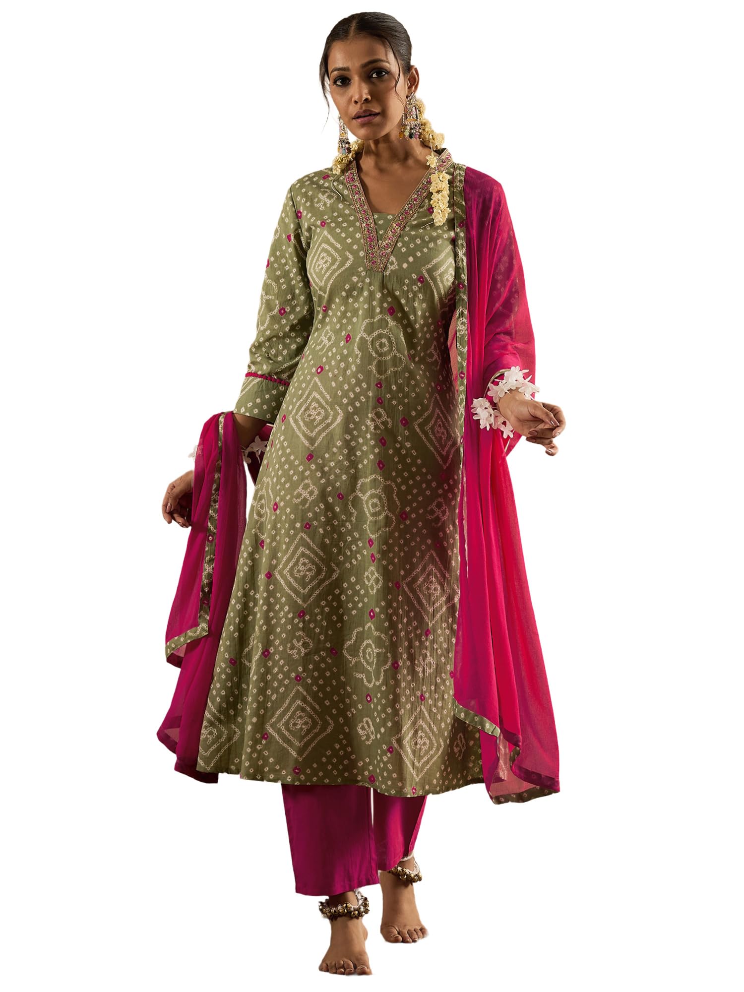 indo era Women's A-Line Pure Cotton Bandhani Printed Kurta & Pant with Dupatta Set (IESTR10038)-picture-37