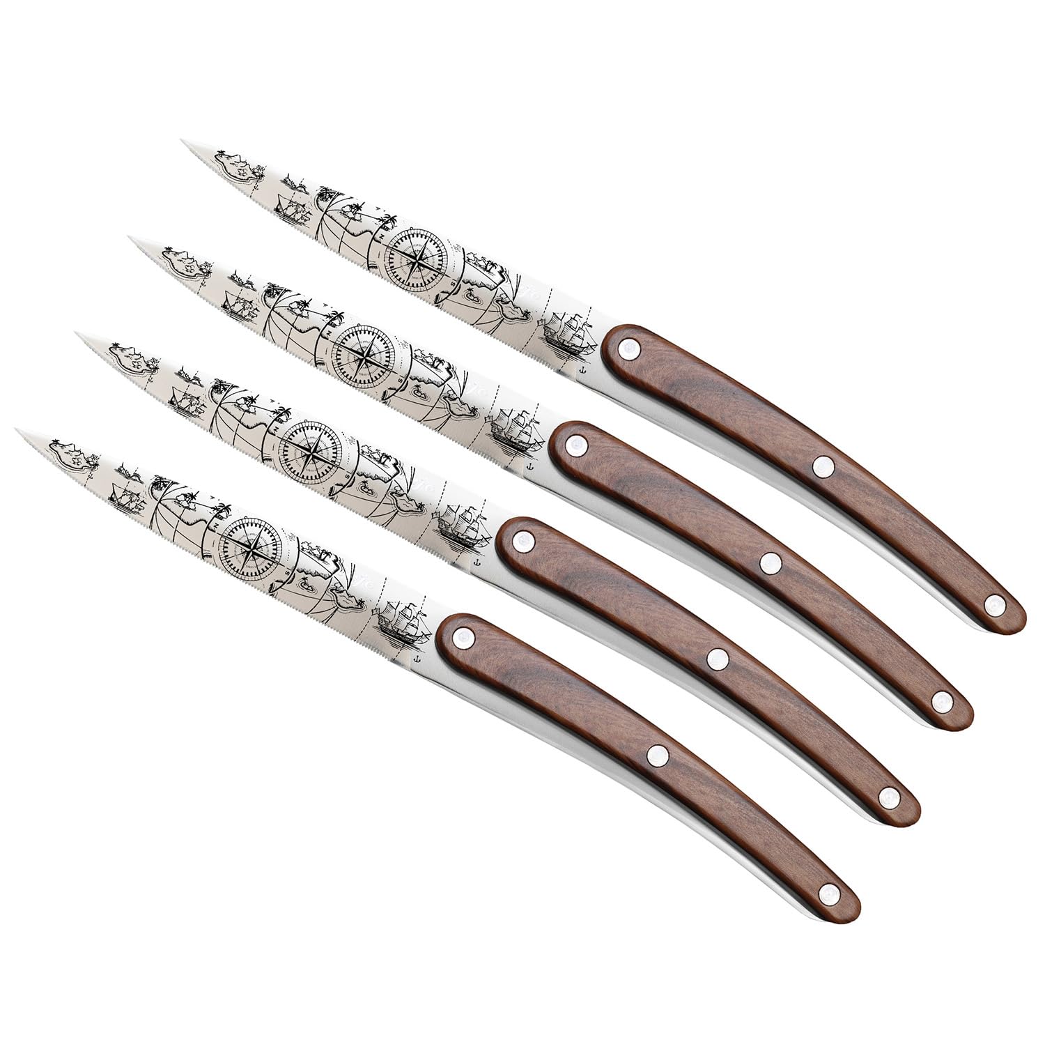 deejo - Lot de 4 Couteaux de Table Restaurant - Motif Saporem Mundi - Manches Polycarbonate et ABS Façon Palissandre, Lames Fixes Micro-Dentés Acier Inoxydable 2CR14 - Finition Miroir