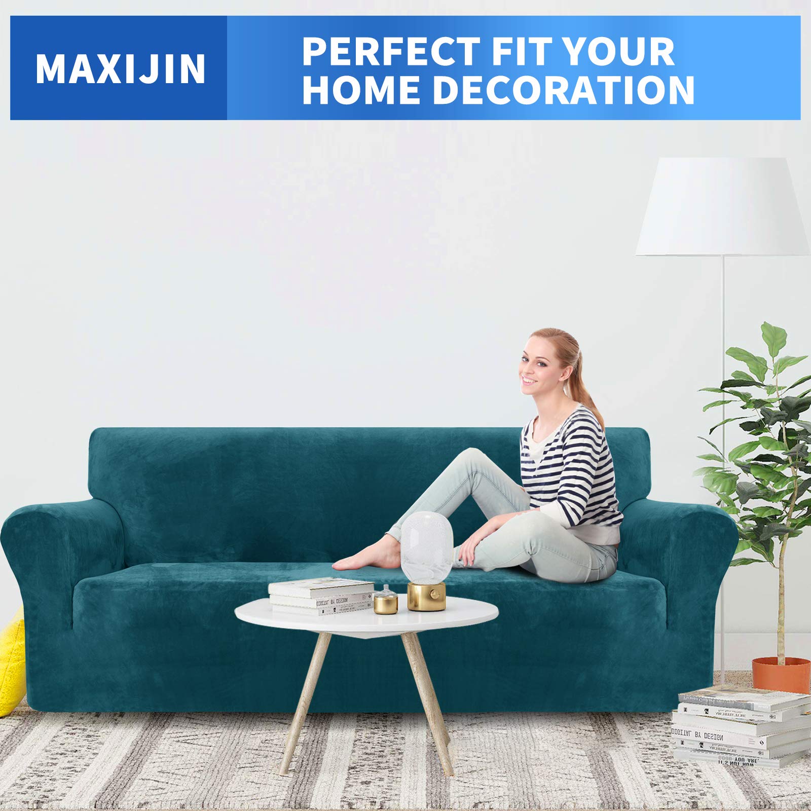 MAXIJIN Super Stretch Zetelhoes voor 3 zitplaatsen bank, 1-delige universele bankhoezen woonkamer Jacquard Spandex meubelbeschermer honden huisdiervriendelijk ingerichte bank Slipcover (3 Zitsbank, Wit