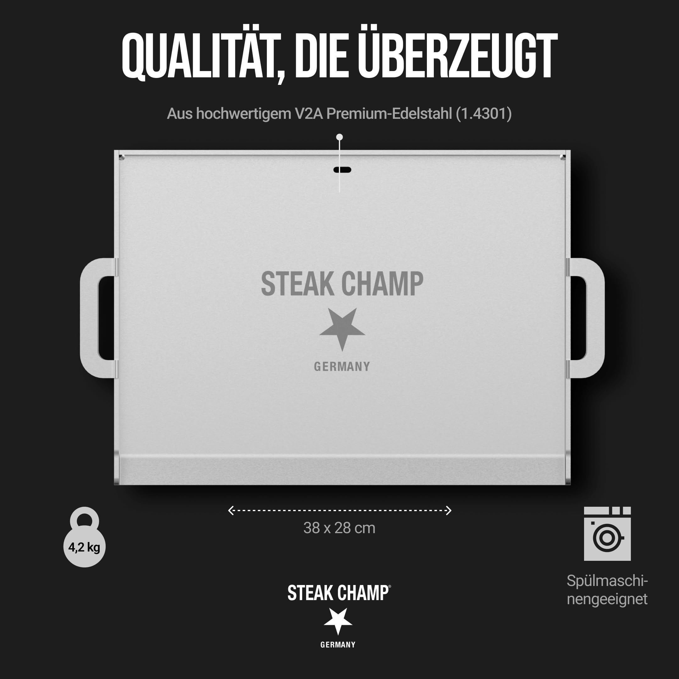 Steakchamp Grill Plancha, 4,2 kg: Grillplatte für Kohle- und Gasgrill, aus Edelstahl, mit praktischen Tragegriffen und angewinkelter Frontseite