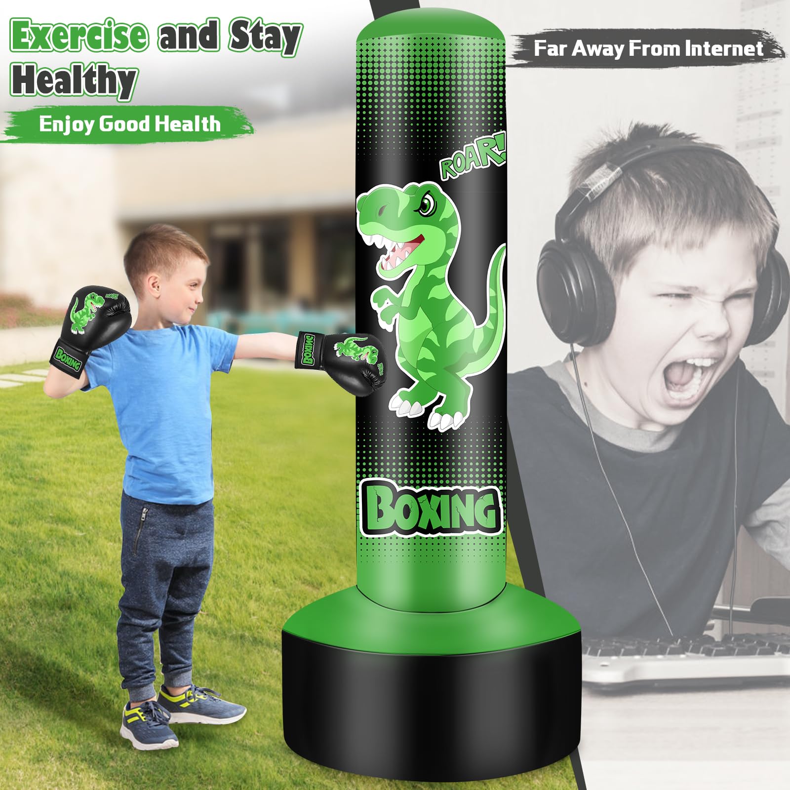 NZQXJXZ Sacco da Boxe Bambini- 165cm Gonfiabile con Guantoni da Sacco Boxe per la Pratica di MMA Karate Taekwondo e per Alleviare l'energia di Pent Up Pugilato Età 4-14 anni