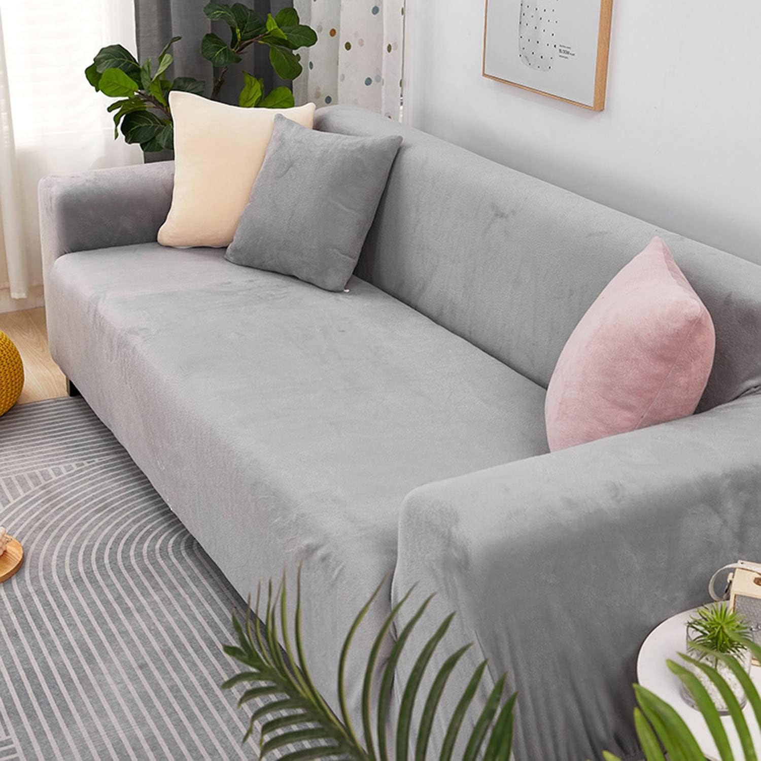 YOPOIY Stretch Velvet Couch Cover, Soft Non Slip Sofa Cover Luxurious Thick Furniture Protector with Elastic Bands for Pet Kids Machine Washable-Light Grey-2 Seater 145-185cm