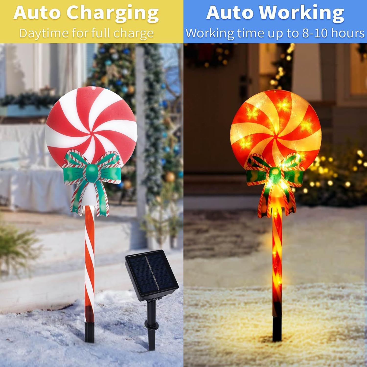 Set of 3 Solar Christmas Lights Decorations with 8 Lighting Modes, Solar Lollipop Pathway Stakes Lights, Outdoor Christmas Decor for Garden, Yard, Porch (Xmas Candy)