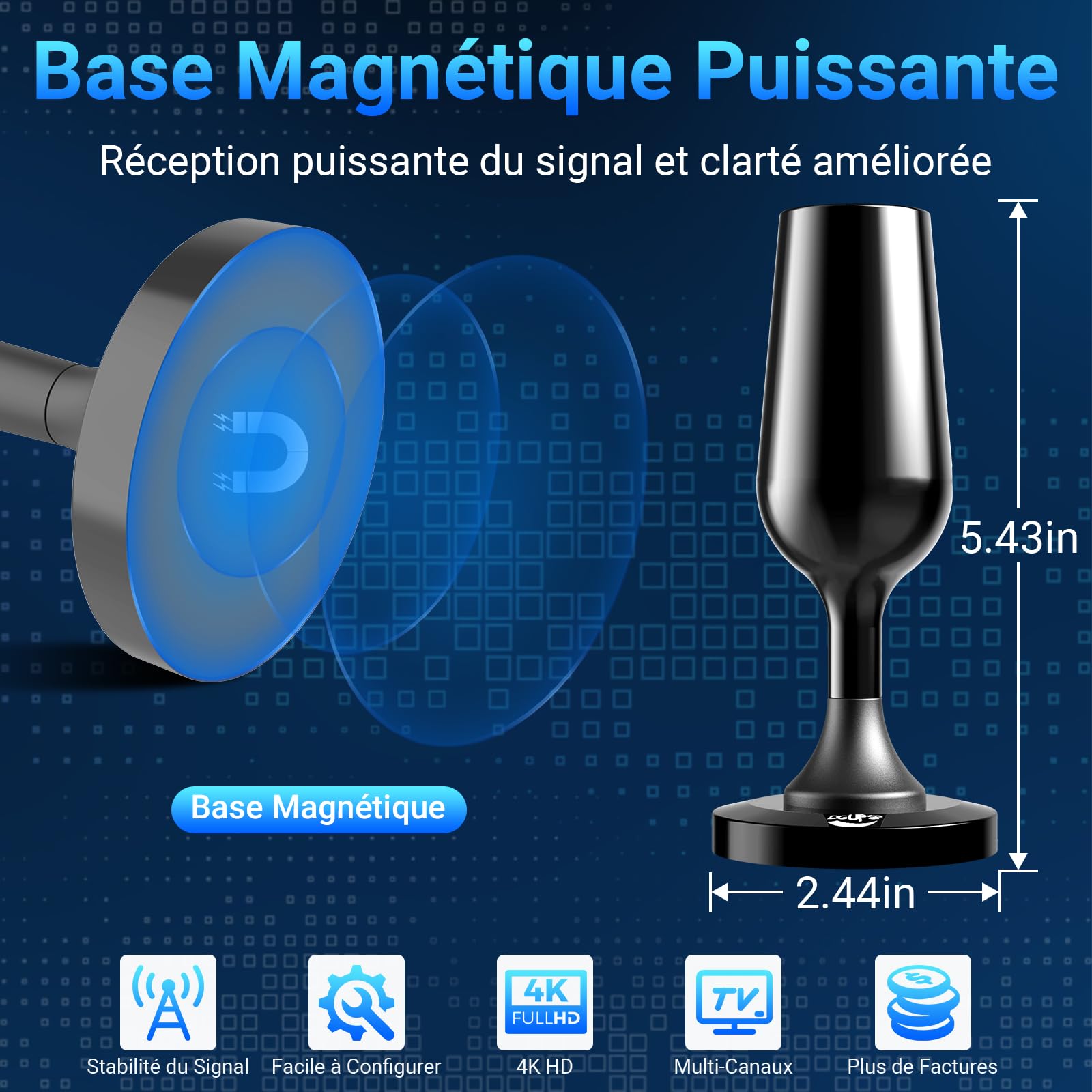 Antenne TV Intérieure Puissante TNT HD, 2026 Le Plus récent Antenne TV Intérieur avec Amplificateur de Signal à Gain Élevé, Réception Longue Portée à 360° avec Base Magnétique