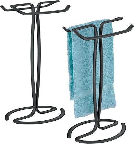 mDesign Toallero de mano de metal para encimera, soporte de doble cara para toallas de mano de baño y tocador, toallas de invitados pequeñas,