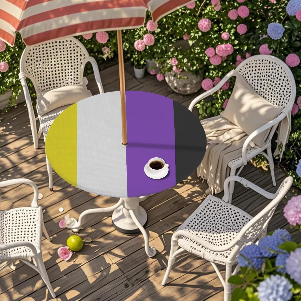 Flag Nonbinary Modern Round Outdoor Table Cloth with Umbrella Hole Flag Yellow Outdoor Round Fitted Tablecloth with Elastic Edge Waterproof Circle Table Cover for Patio Garden Picnic (45-56 in)