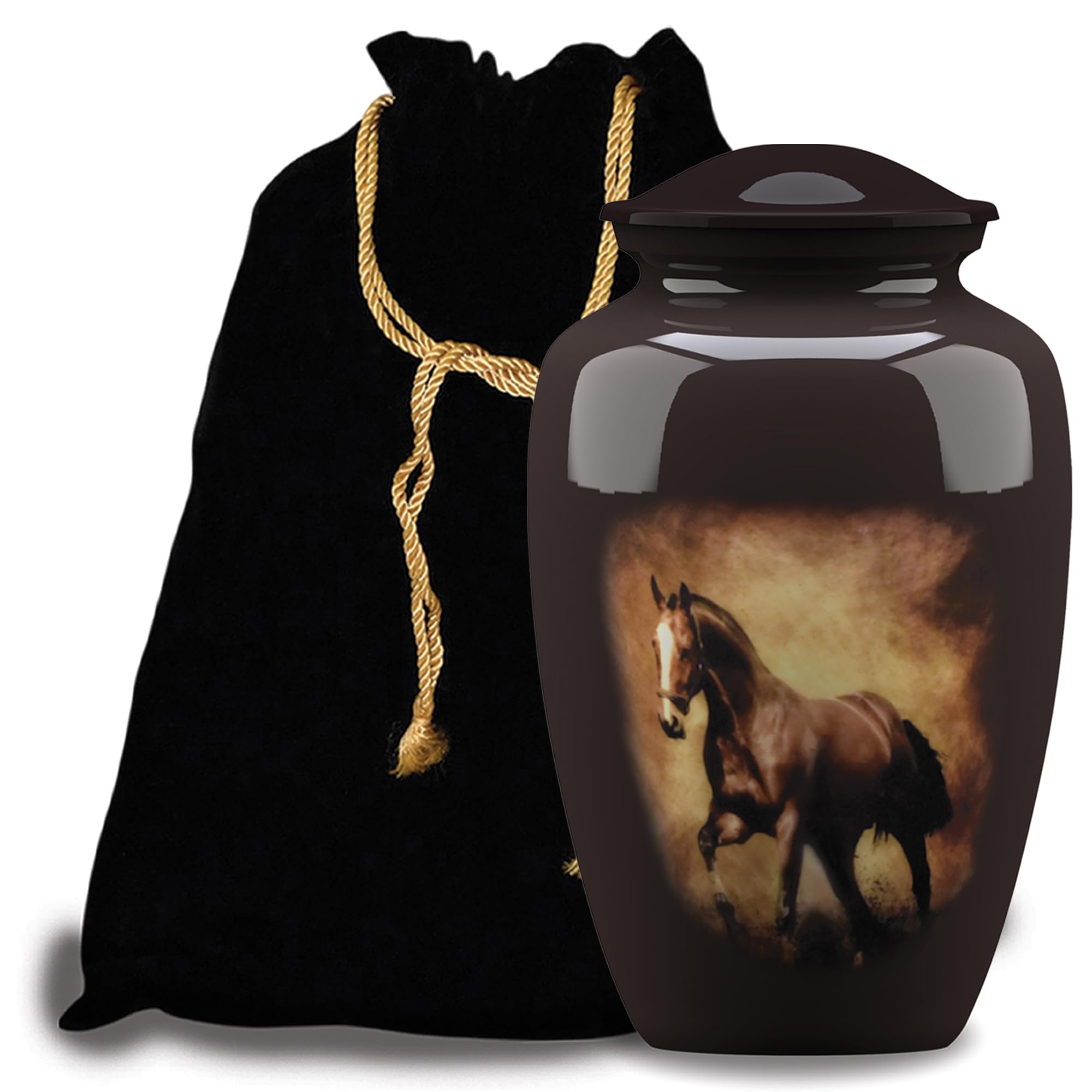 Forever URNS - Large Urn for Ashes Adult Male & Female | Memorial Gifts, Ashes Keepsake l Aluminium Metal, Running Horse Theme | Velvet Protection Box | Memorial Box for Funeral, Brown - 200 cu in