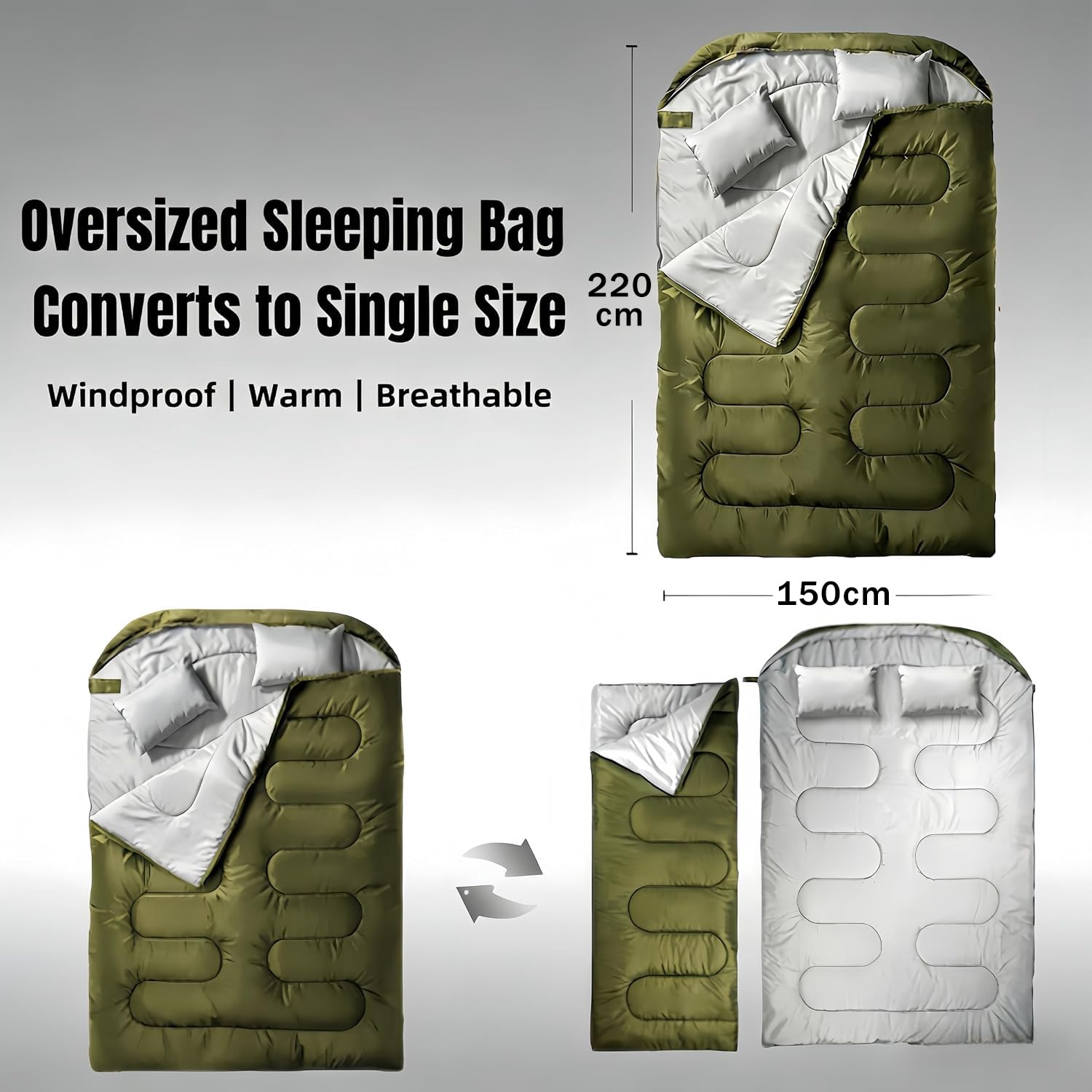 Gigoteuse double 2P 220 x 150 cm, sac de couchage 3 en 1 divisible en 2 sacs individuels, sac de couchage de camping imperméable avec oreiller, lavable, léger, sac de couchage extérieur, randonnée
