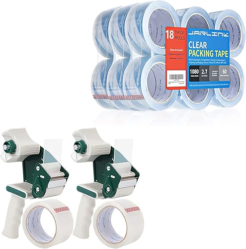 JARLINK Paquete de 2 pistolas dispensadoras con 2 rollos de cinta con cinta de embalaje transparente (18 rollos) para embalaje de envío, sellado en