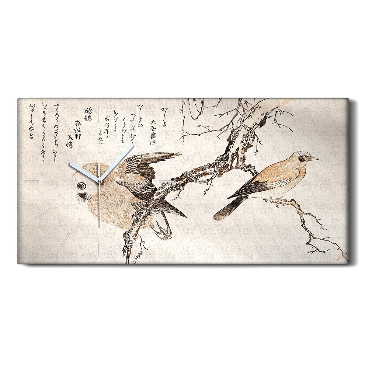 Horloge sur Toile 60x30cm sans Tic-Tac avec Mains Blanches et Design Oiseaux