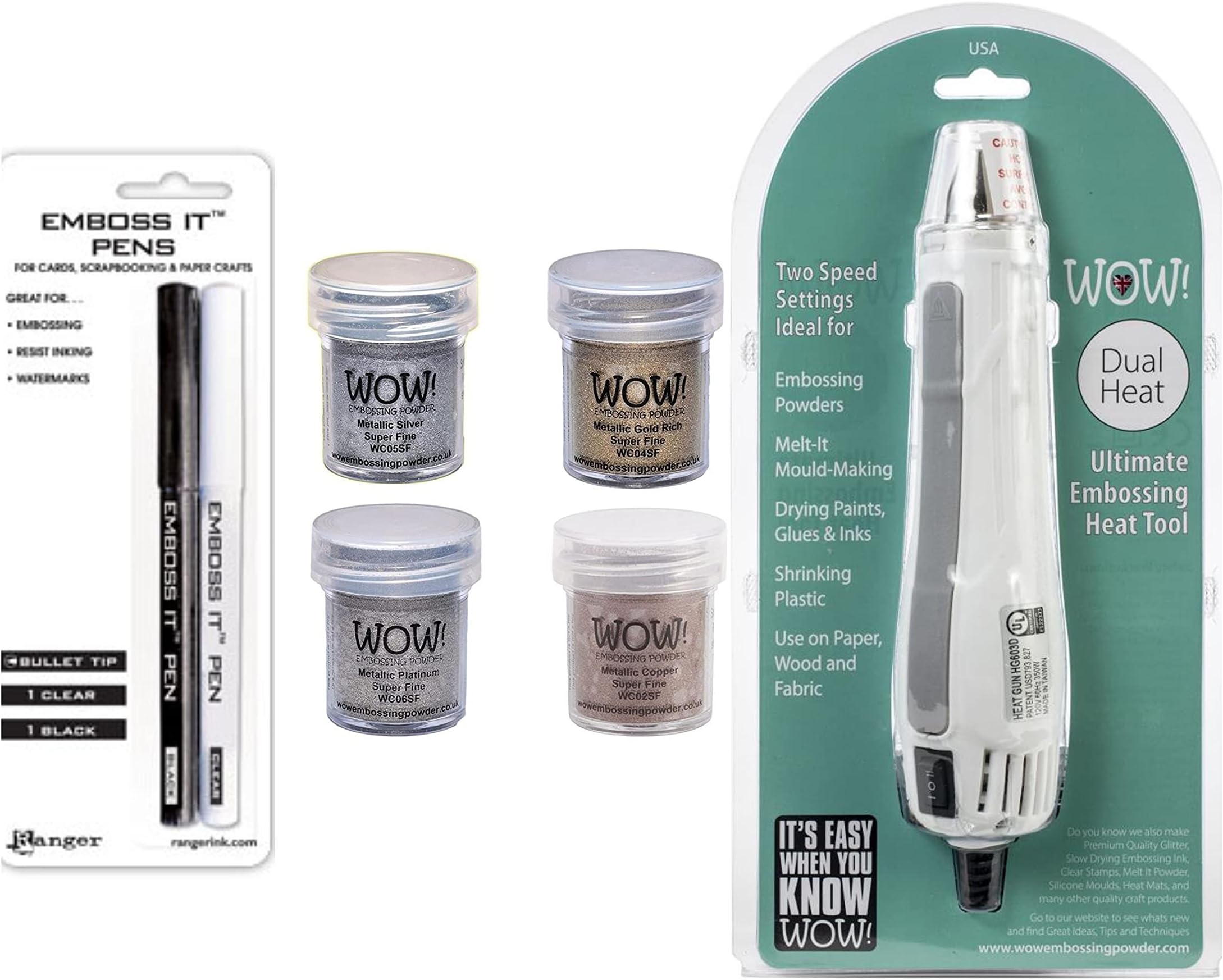 MSB Embossing Starter Kit: Wow Heat Tool Machine, Emboss It Pens, Wow Gold, Silver, Platinum and Copper Powder Set