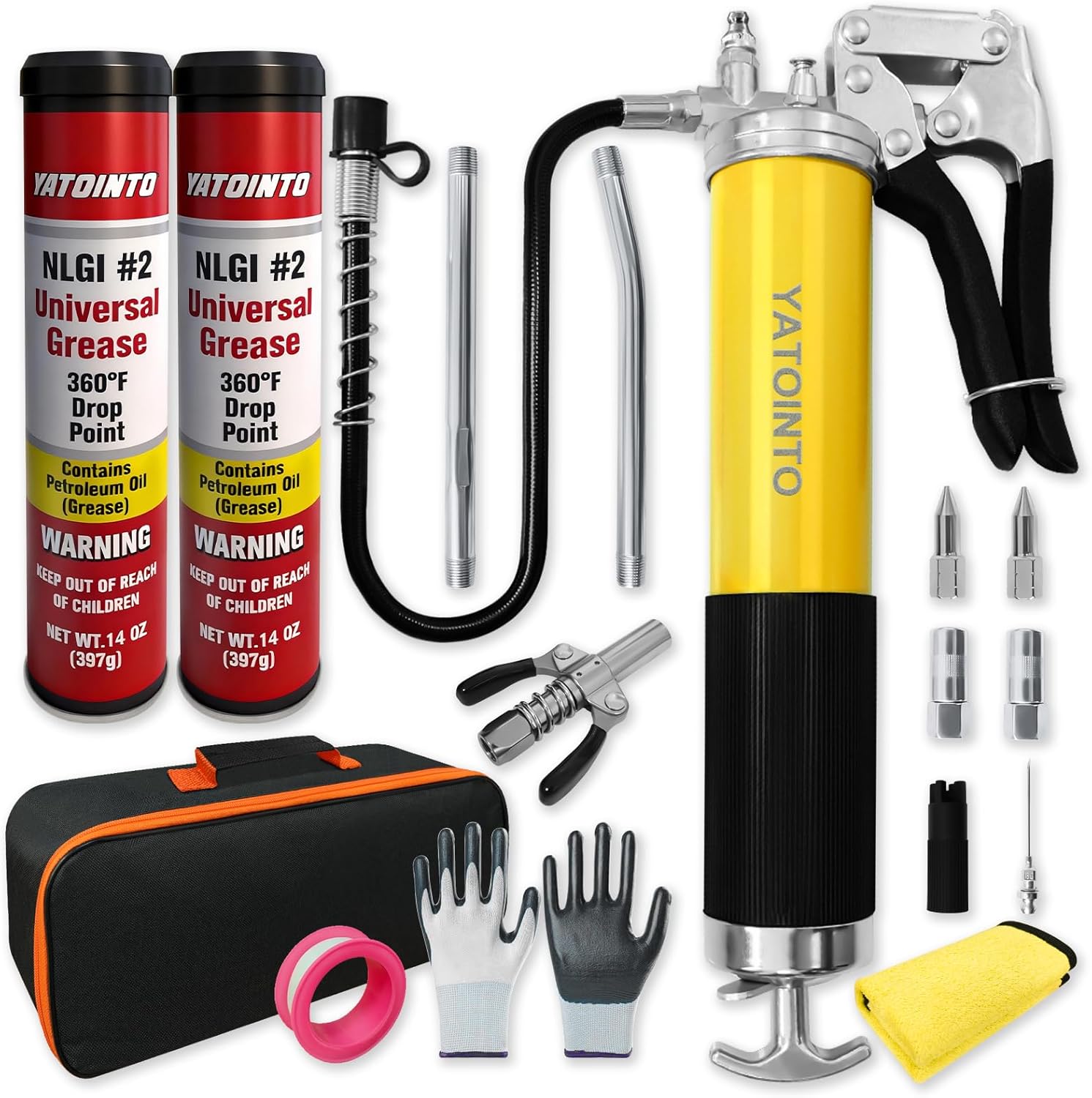 17 Pcs 14oz Grease Gun Kit,7000 PSI Leak-Proof Spray Grease Gun,Universal NLGI #2 Grease Cartridges,18" Spring Hose,Double Handle Nozzle,Coupler,Teflon Tape and Other Accessories,Yellow