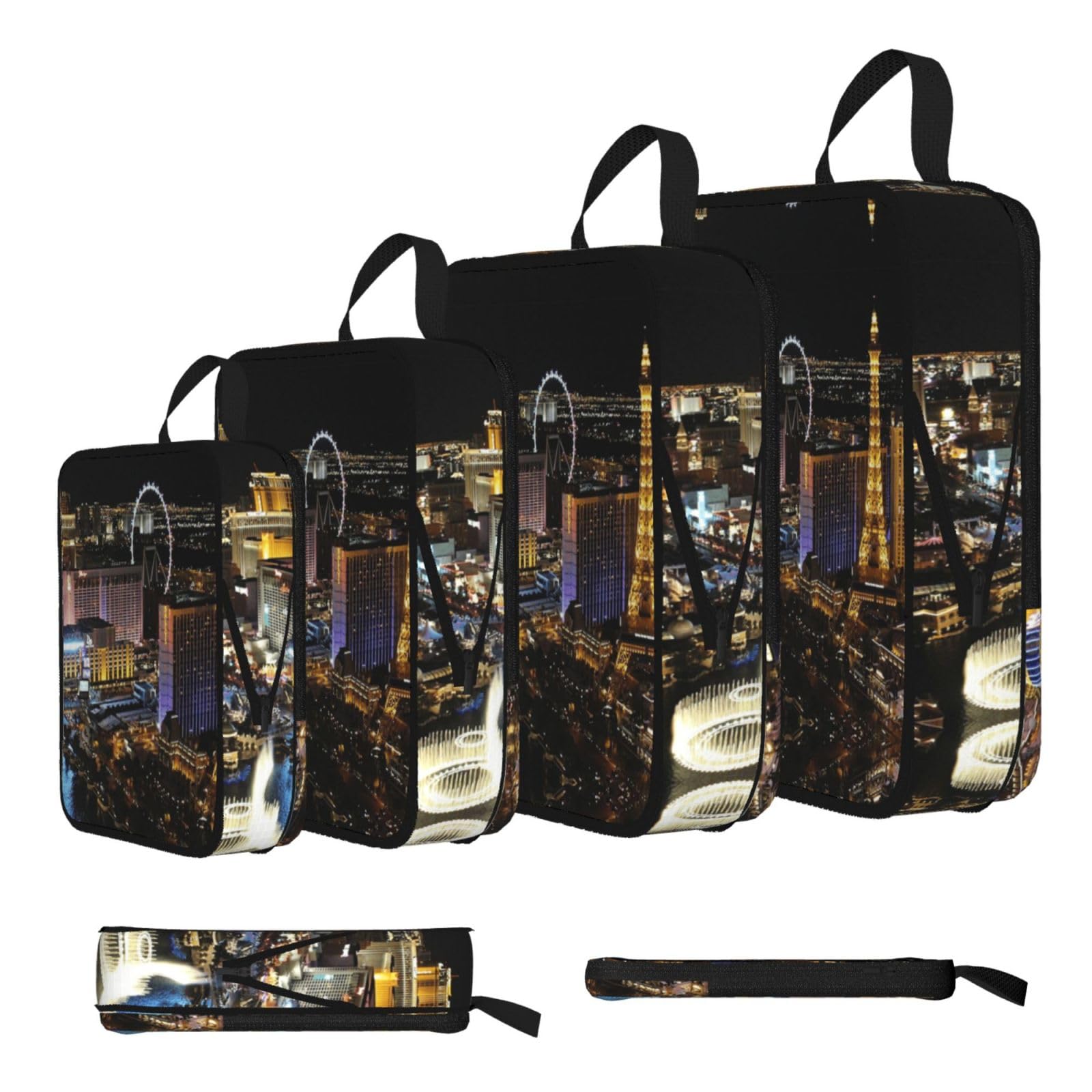 Las Vegas Night View Print Compression Packing Cubes 4-Piece Set With Multi- Compartment Travel Bag, Waterproof Suitcase Organiser Bags