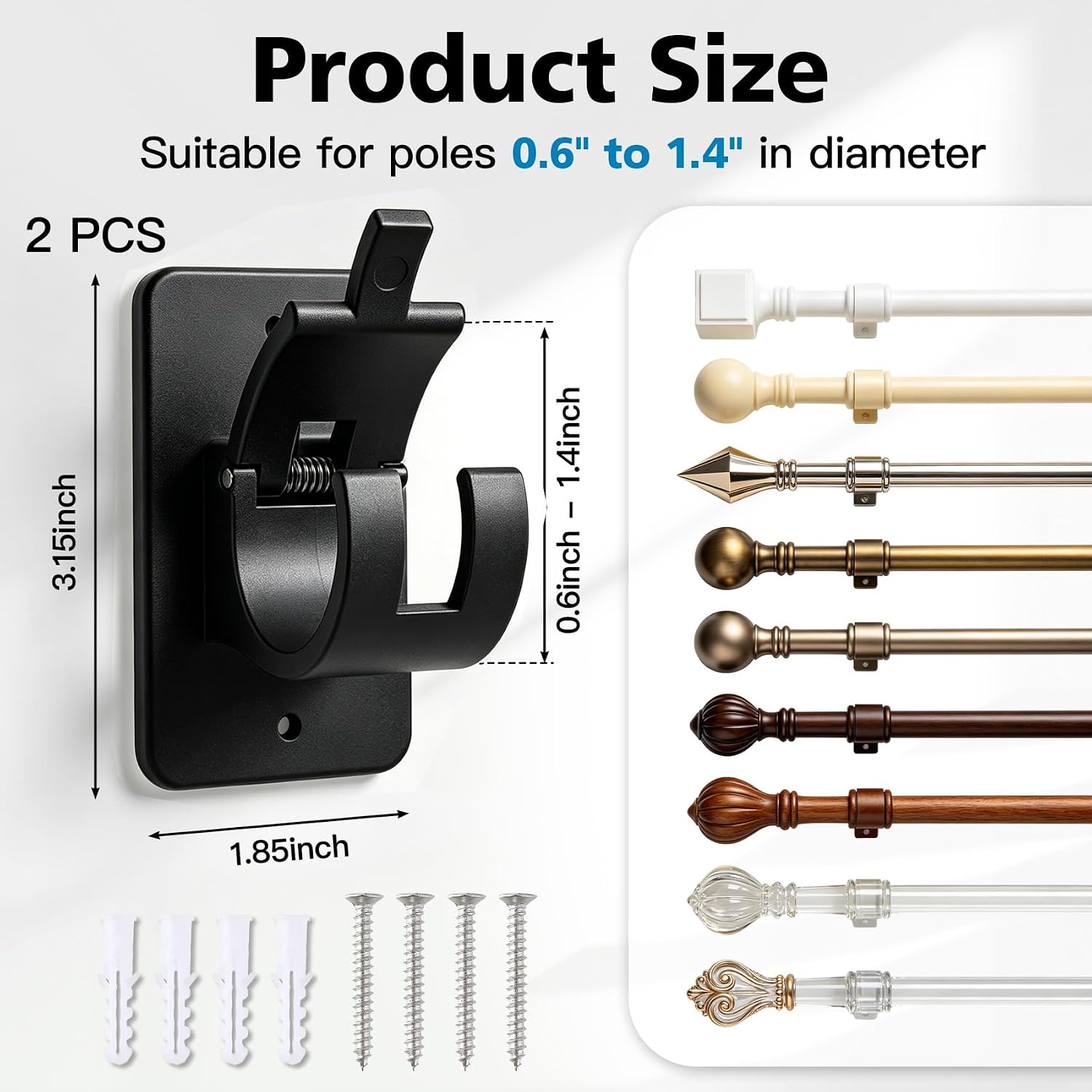 Self Adhesive Curtain Rod Bracket, 2PCS No Drill Curtain Rod Holder Hooks, Plastic No Drilling Nail Free Adjustable Rod Holders Curtain Hangers for Home Hotel Bathroom Kitchen LivingRoom Bedroom,Black