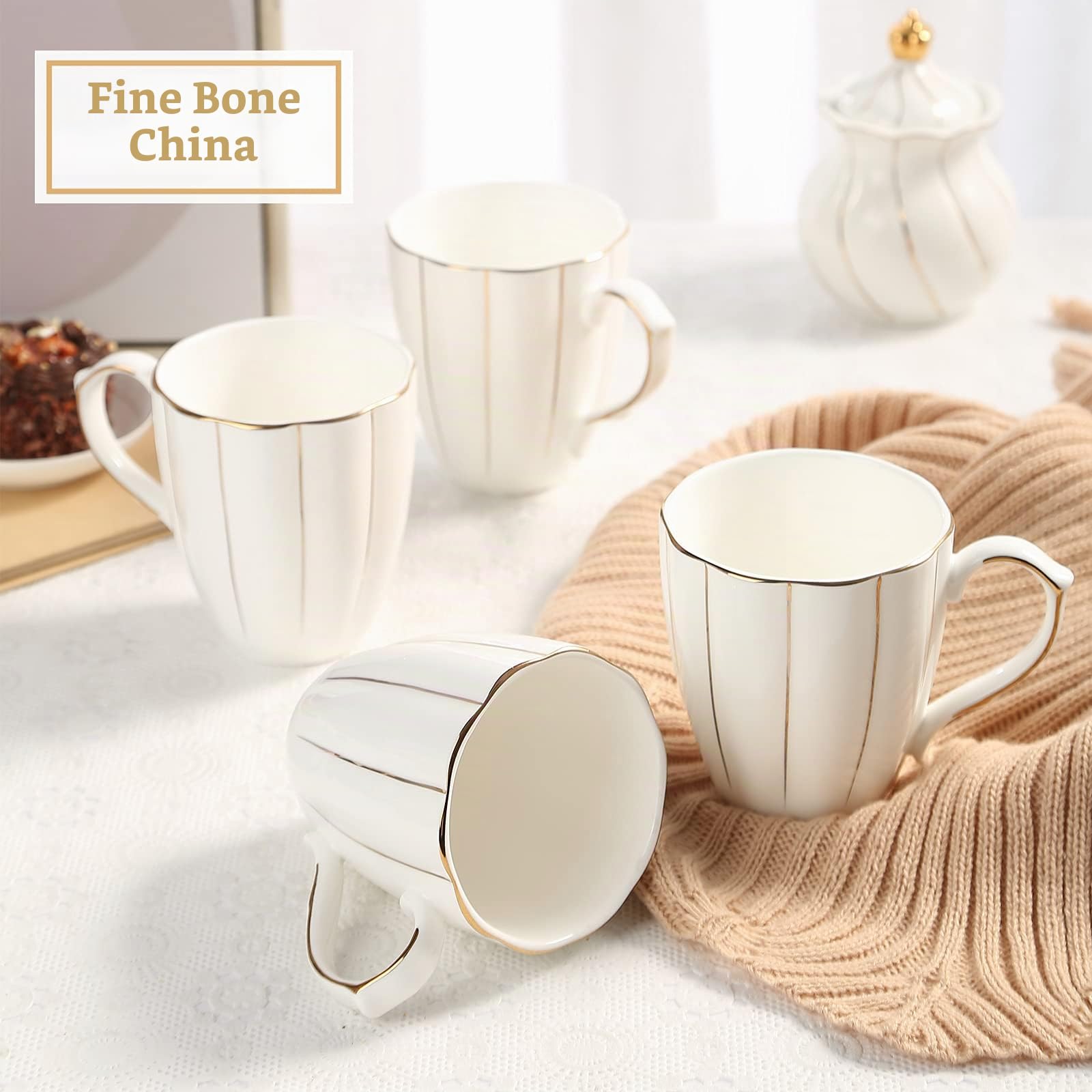 DUJUST Juego de 4 tazas de café (13,5 oz), diseño británico de lujo con adornos dorados hechos a mano, juego de tazas de porcelana blanca y dorada de primera clase para café, té y leche