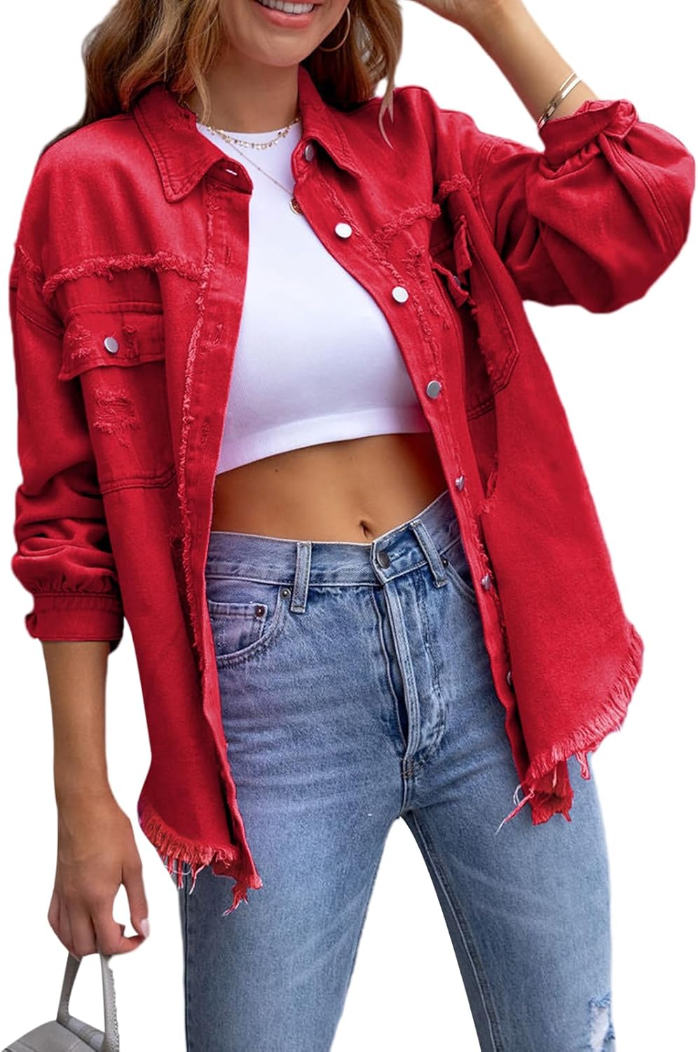 Nicoxijia Women Ripped Distressed Denim Jacket Long Sleeve Frayed Hem Button Front Boyfriend Jean Coat Casual Western Shacket