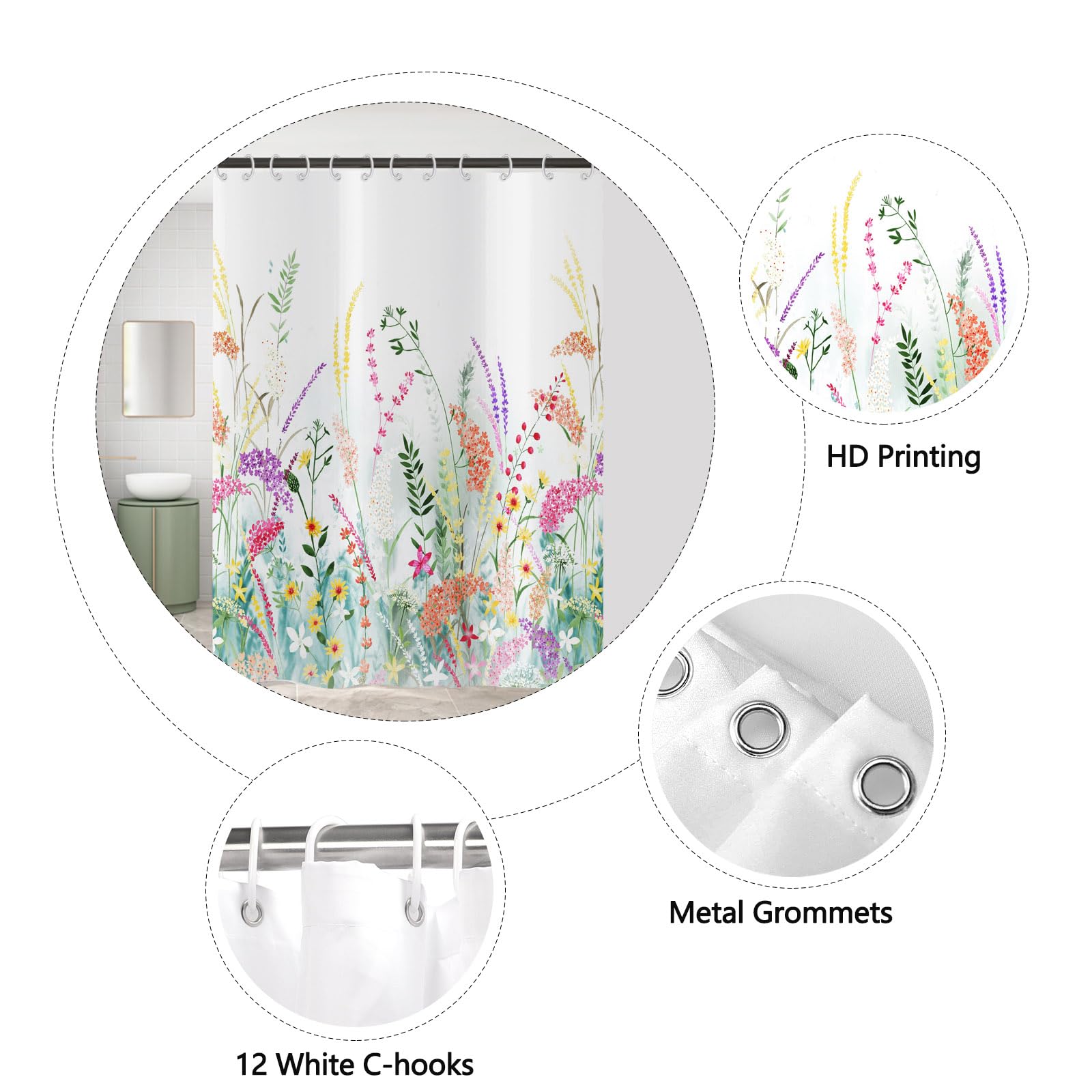 ASDCXZ Tenda da doccia con fiori, 180 x 200 cm, motivo floreale primaverile, verde, foglie colorate, farfalla, uccello, bianco, bagno, lavabile, in poliestere, impermeabile, per vasca da bagno con 12