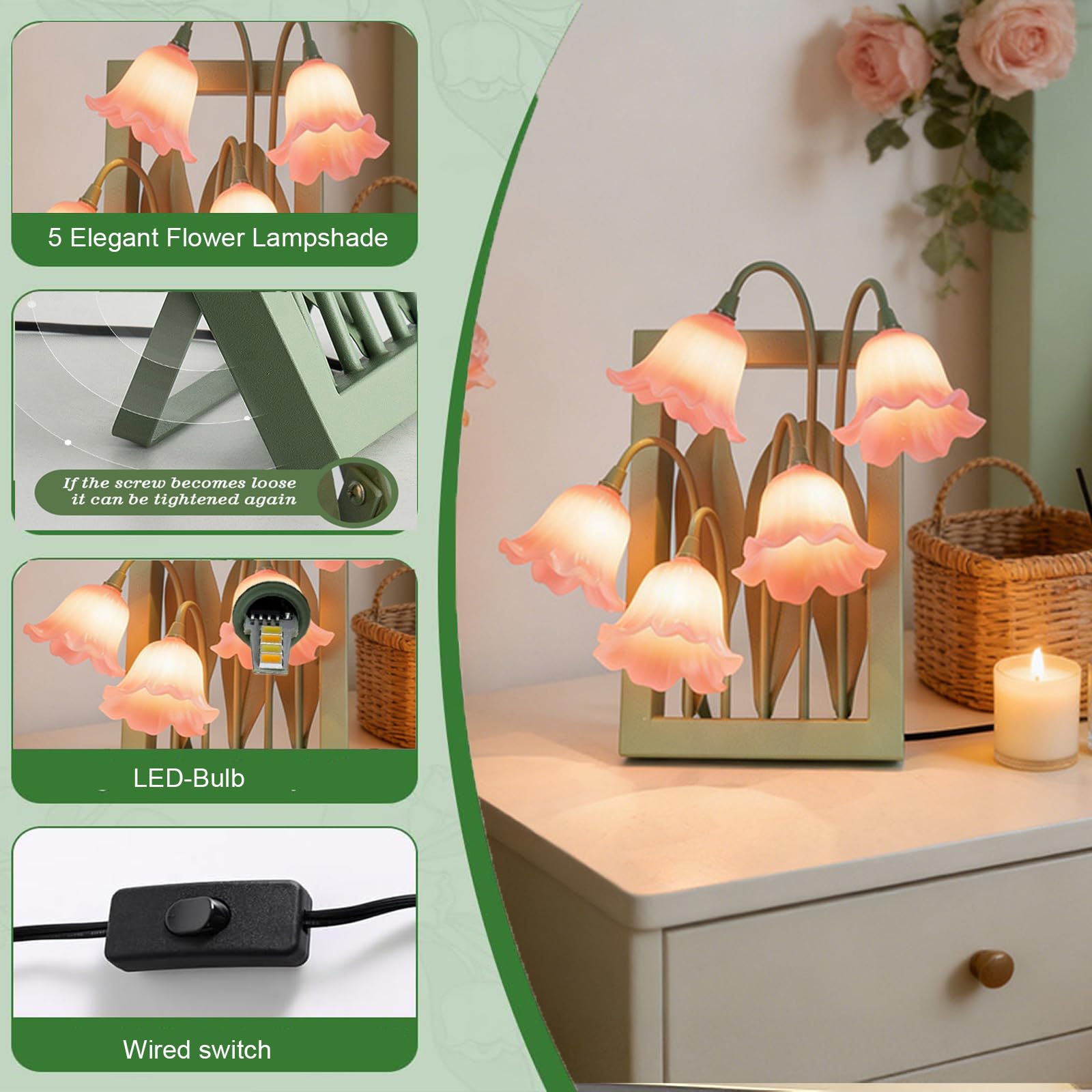 Kwiatowa lampa stołowa, 5 lampek nocnych z konwalią, 3 kolory, temperatura, kawaii, lampka nocna, ramka na zdjęcia, lampa biurkowa, lampka do czytania do sypialni, salonu, oświetlenie otoczenia