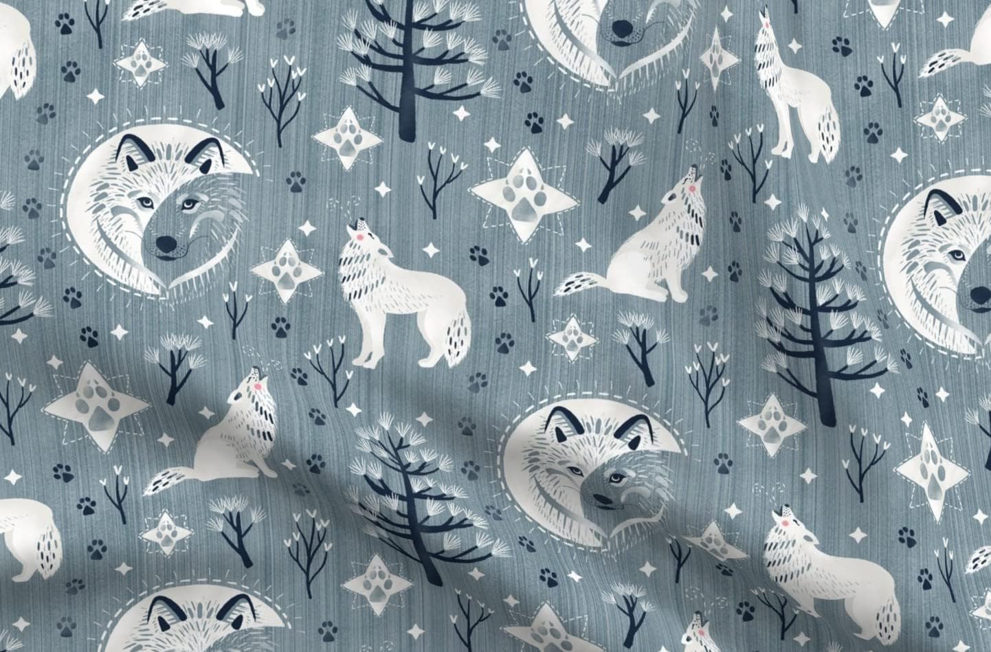 Spoonflower Fabric - Wolf Moon Stars Woodland Animal Wild Gray Tree Printed on Petal Signature Cotton Fabric Fat Quarter - Sewing Quilting Apparel Crafts Decor