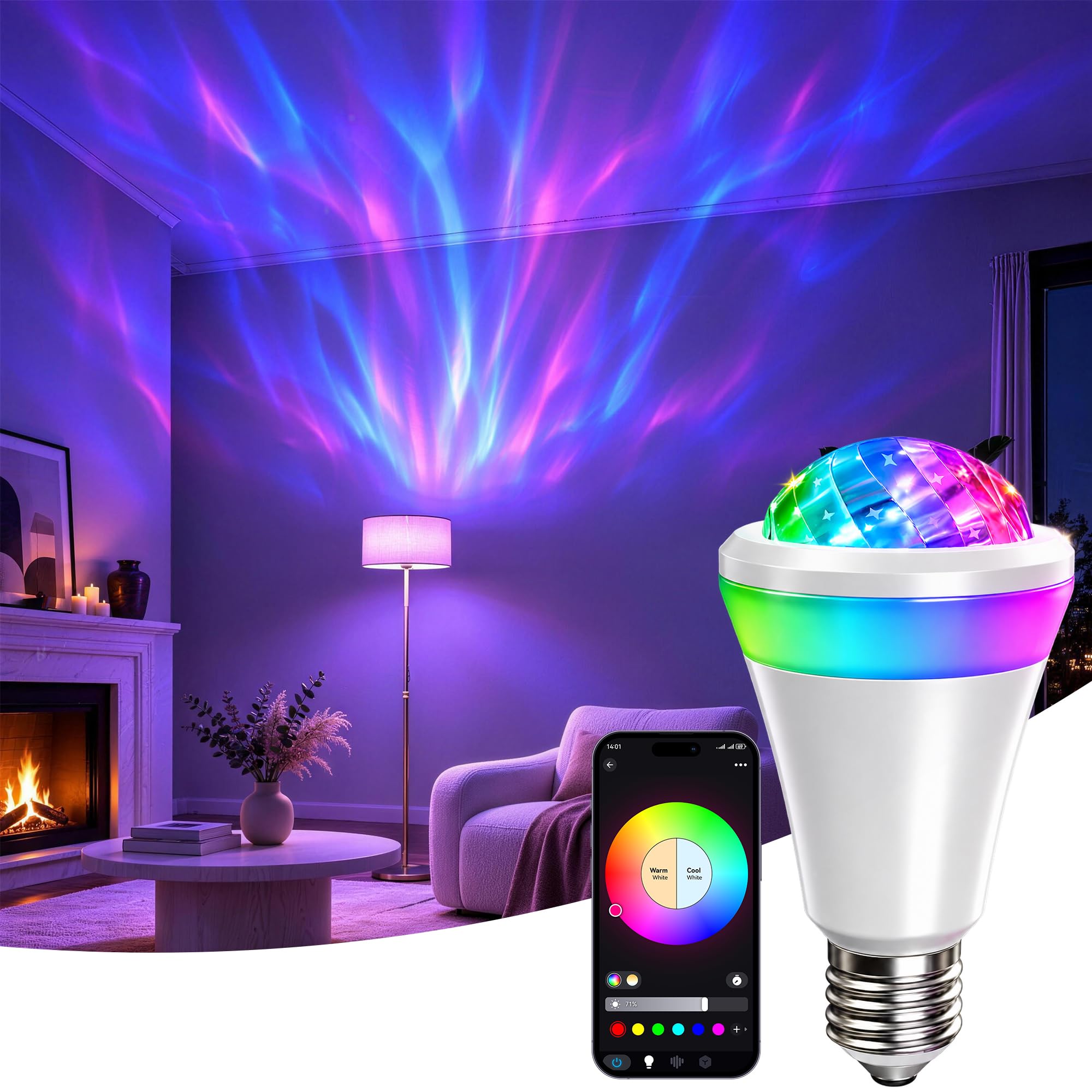 WiFi Aurora Lighting Bulb; 16 Million & Tunable White LED Bulb; Smart Schedules; Voice and Group Control, Stepless Brightness BrizLabs Galaxy Projector Smart Light Bulb, Color Changing Dimmable, E26