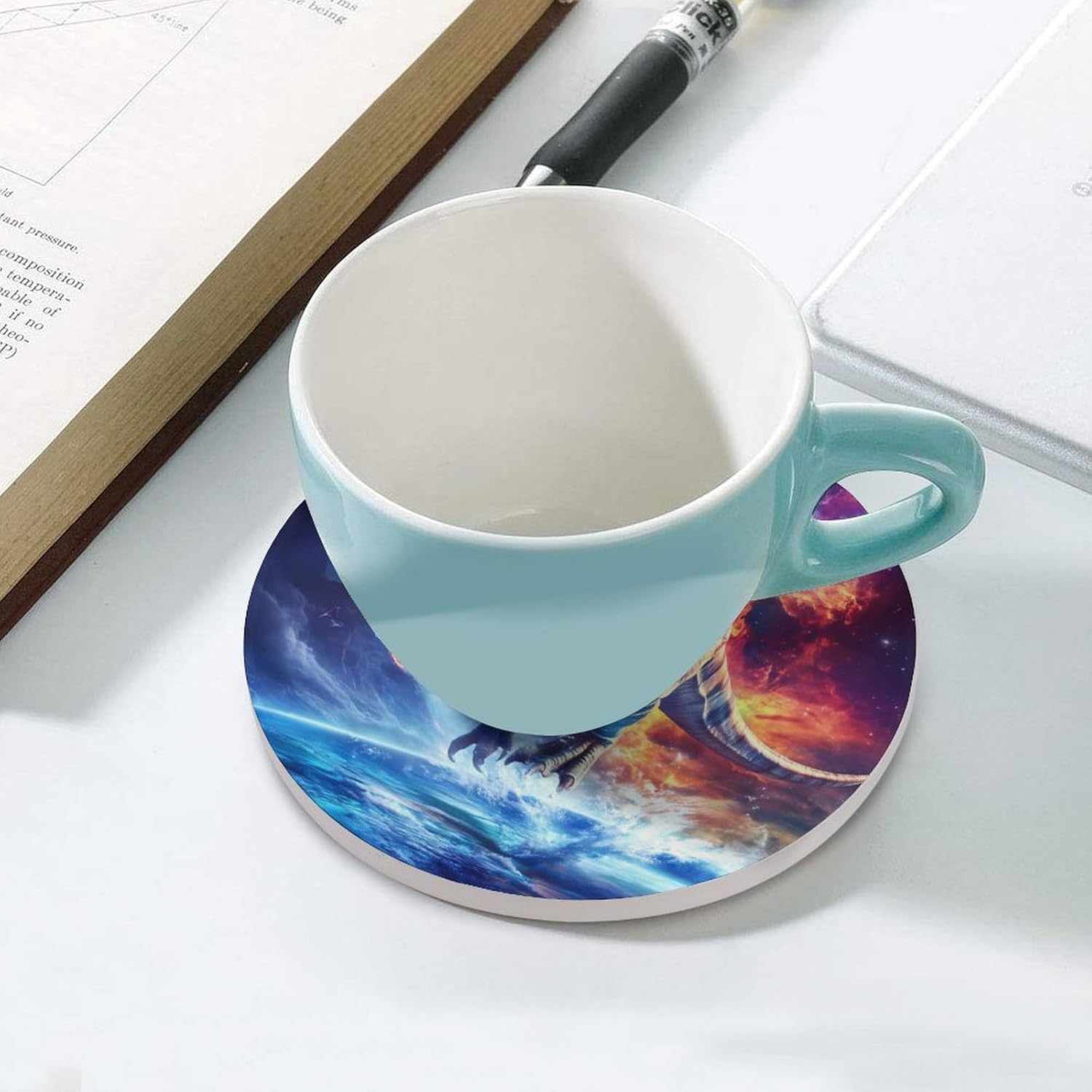 Dinosaurs Galaxy Funny Round Ceramic Coasters for Drink Absorbent Cup Holders Tabletop Protection