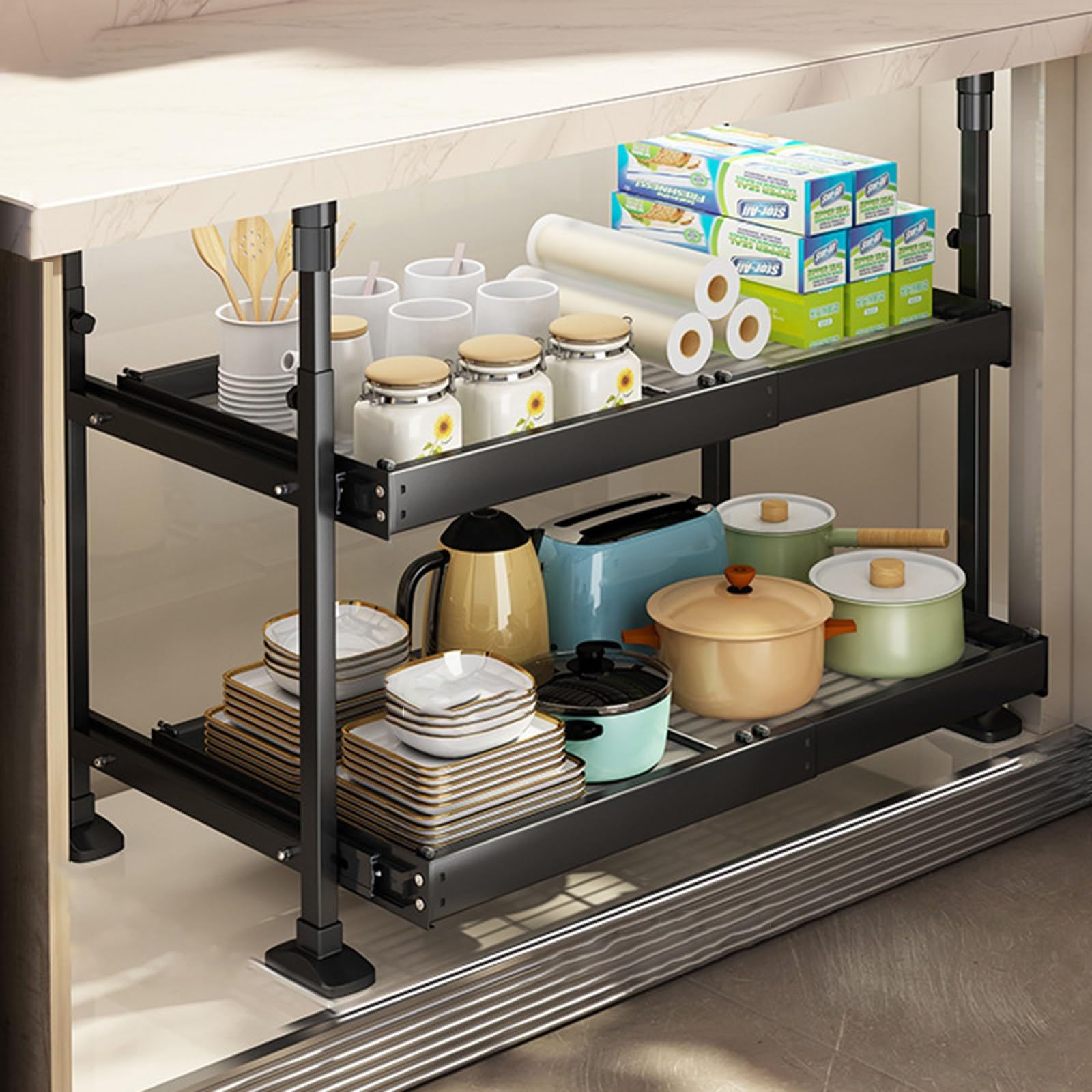 YADZISW Adjustable 1/2 Tier Expandable Under Organizer with Silent Pull Out Cabinet Shelves Heavy Duty Slide Pantry Storage (Black S)
