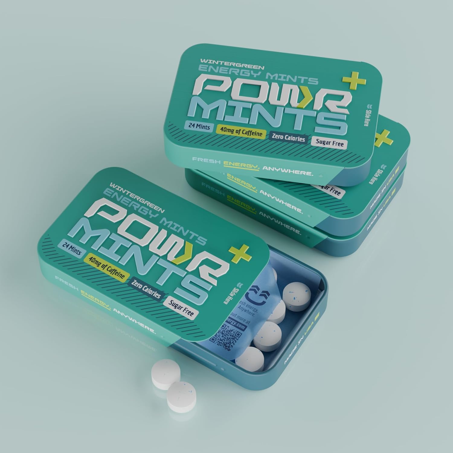 POWR Energy Mints, Wintergreen Flavor - 24 Mints, 40mg Caffeine per Mint, Sugar Free, Zero Calories, No Aspartame - Pocket Energy for Pre-Workout, Cycling, Running, Endurance - Focus & Energy -