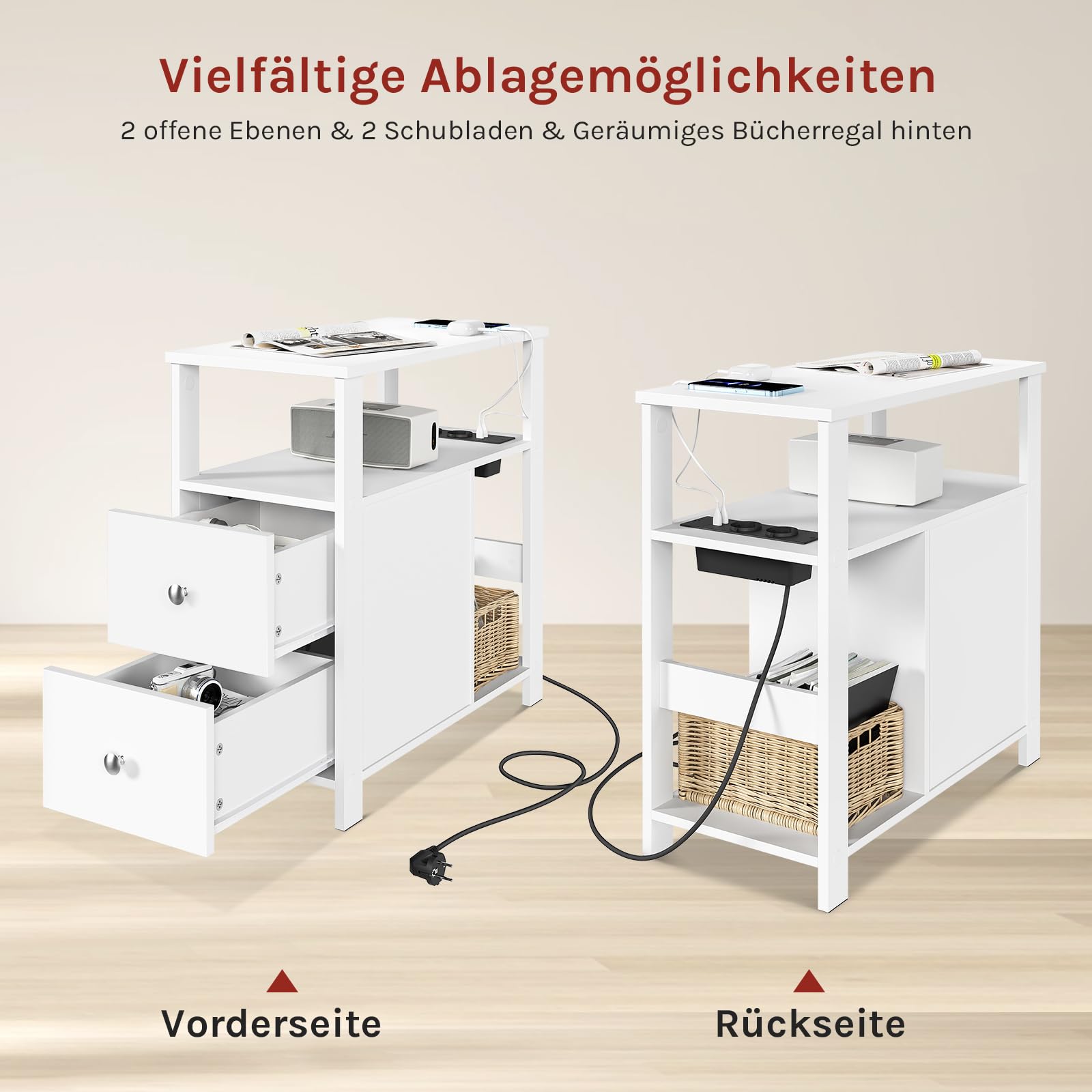 WOLTU Beistelltisch mit Steckdose, Nachttisch mit Ladefunktion | Sofatisch schmal,mit 2 Schubladen 2 Ablagen 1 Fach,2 Steckdosen,2 USB-Anschlusse,bis 20 kg,Weiß