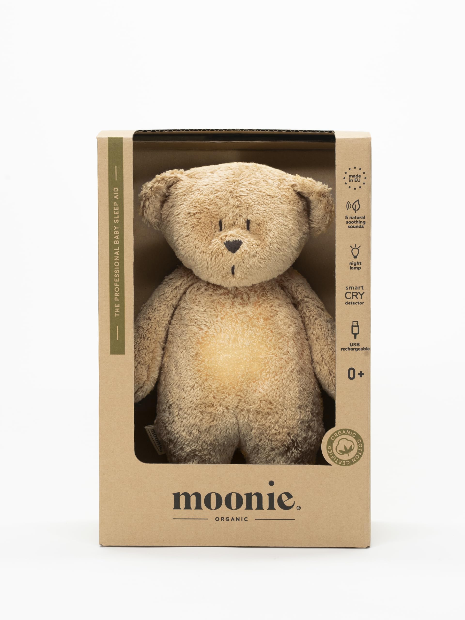 Moonie Veilleuse bio en forme d'ours colibri – Cappuccino Natur | Veilleuse pour bébé à bruit blanc | Aide au sommeil dès la naissance | Couette sonore apaisante avec capteur de pleurs | Lavable en