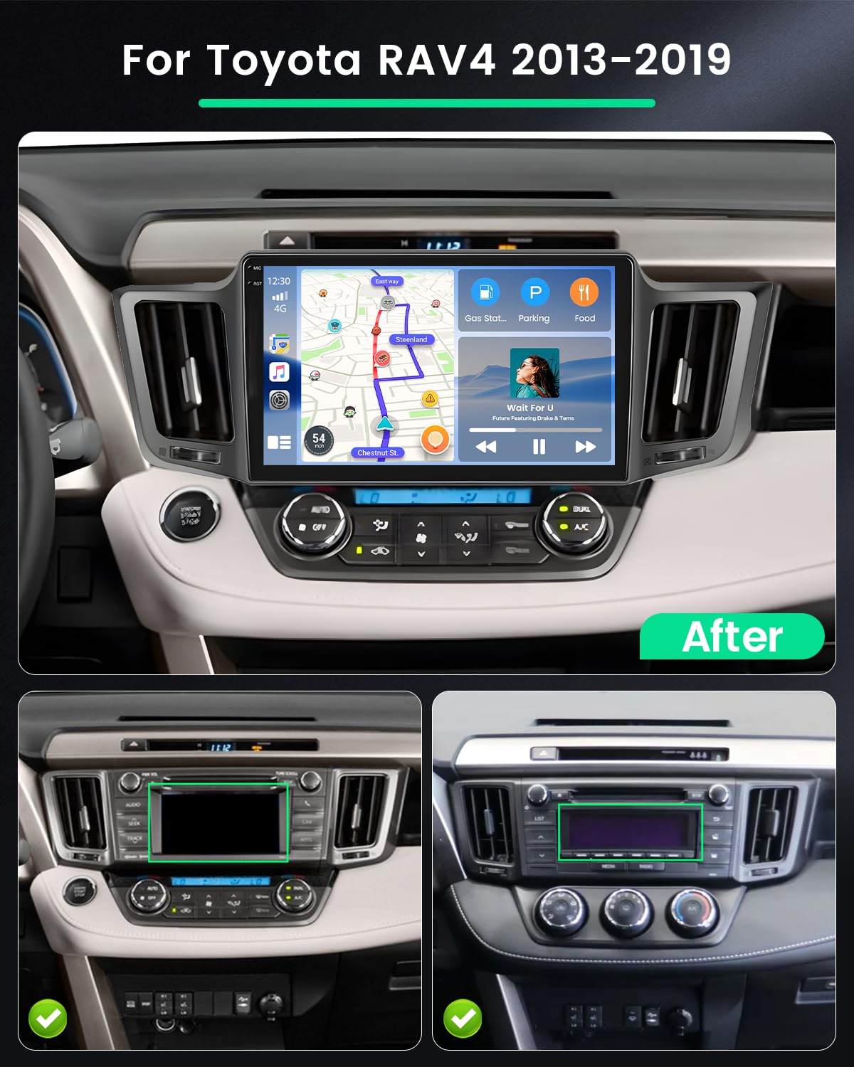 Roinvou 4G+128G Android 15 Radio samochodowe dla Toyota RAV4 2013-2019 bezprzewodowy Carplay Android Auto, 10'' ekran dotykowy z lustrem Link GPS Bluetooth FM RDS WiFi EQ SWC Kamera cofania