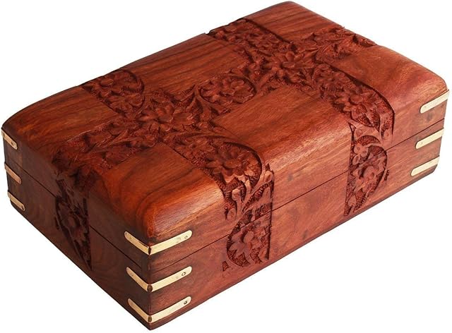 Ajuny Beautiful Wooden Hand Carving Design Jewellery Box Keepsake Storage Organizer Multipurpose Treasure Chest Trinket Holder for Women