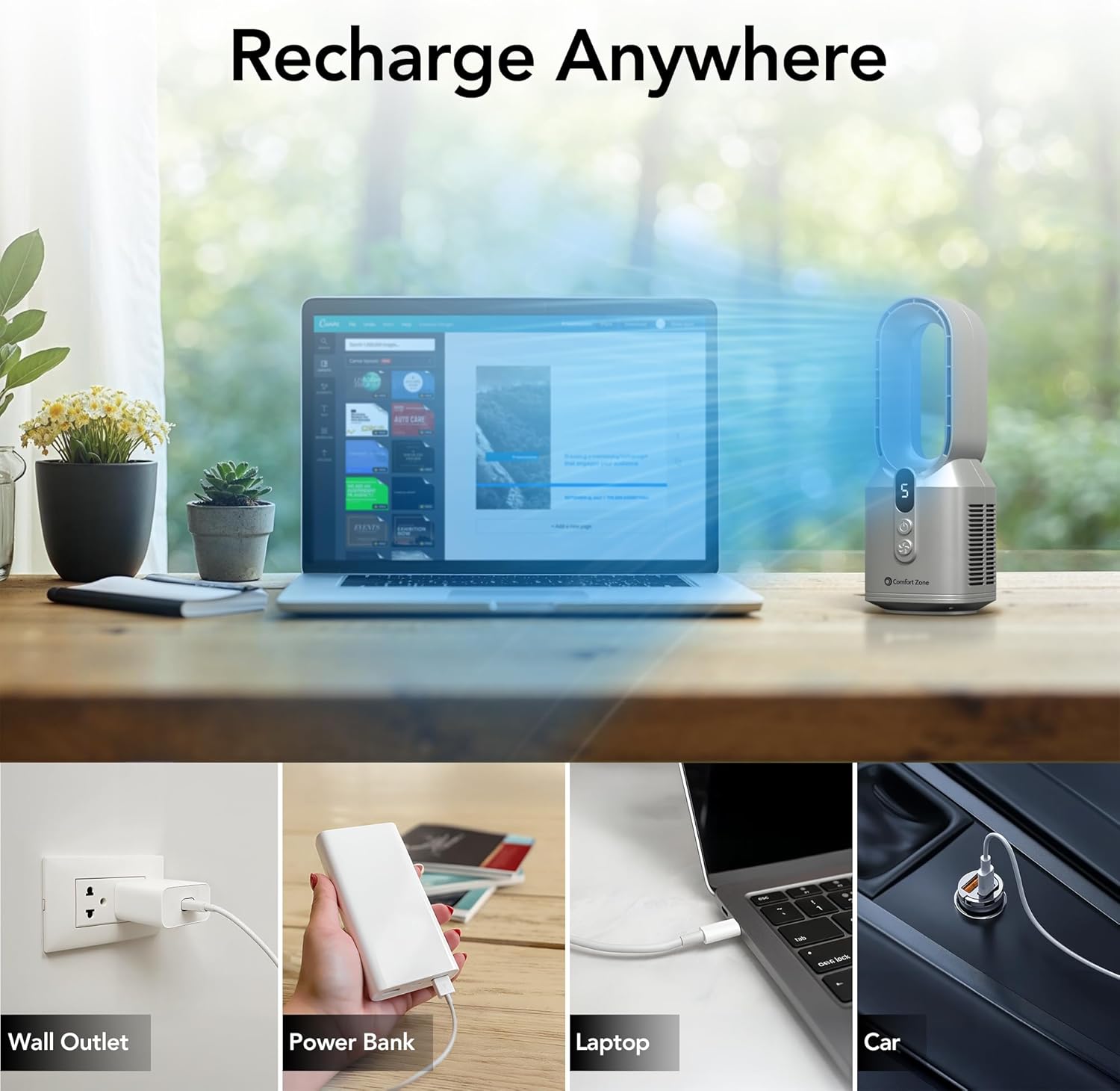 Comfort Zone 14-Inch Rechargeable Bladeless Tabletop Fan with 5 Speeds, Display Screen, Non-Slip Feet, Quiet Operation – Portable Personal Fan for Bedroom, Home, or Office, Silver