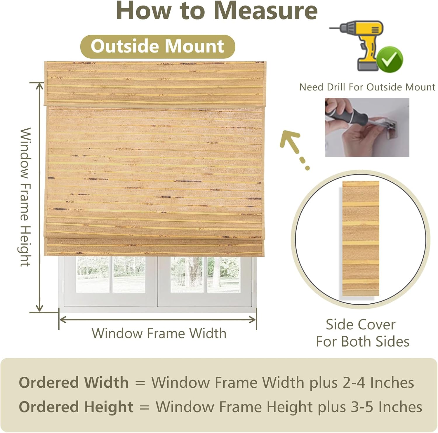 No Drill Cordless Linen Window Roman Shades, Cordless Light Filter/Sheer or Blackout Wood Window Blinds, Beige Yellow