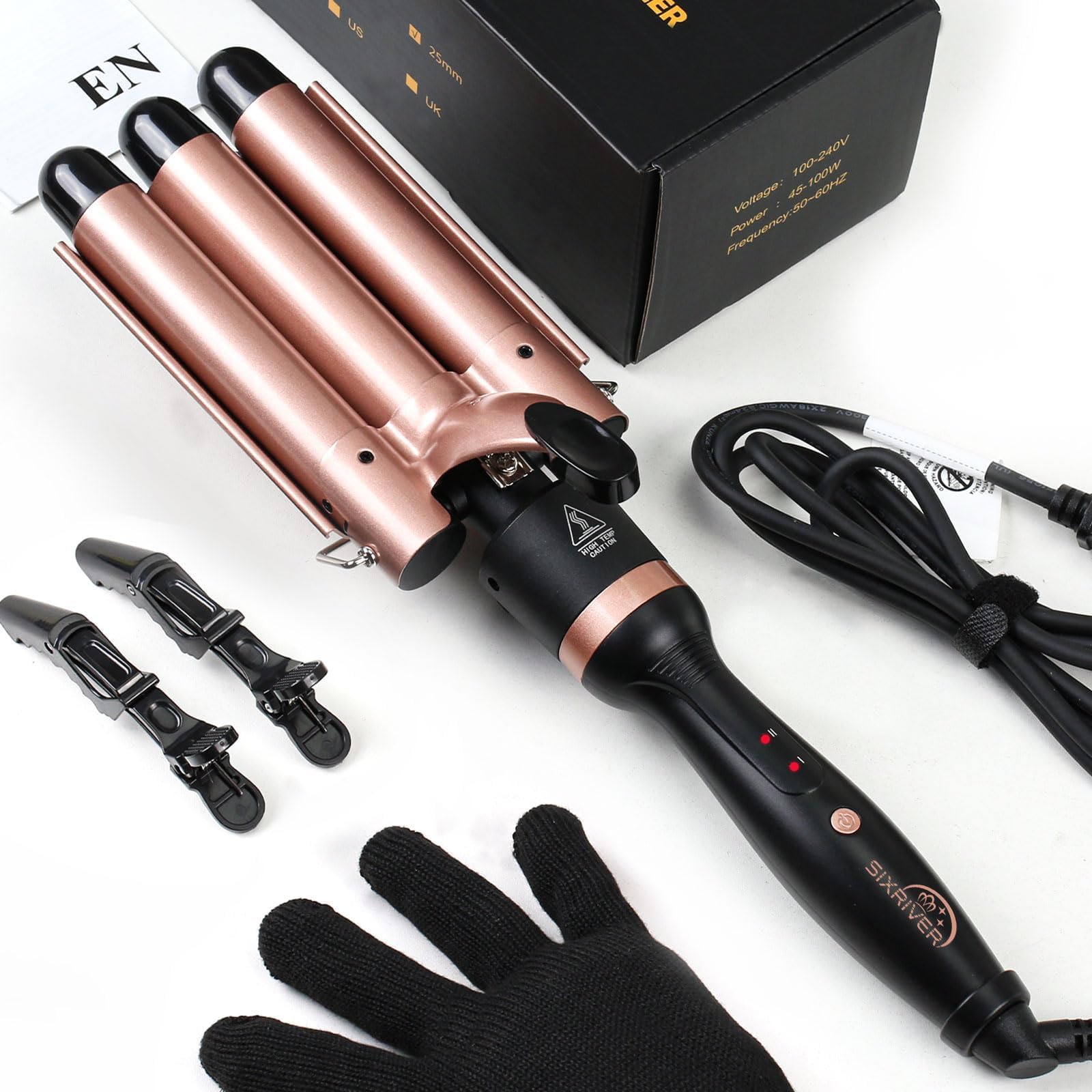 Triple Barrel Curling Wand - Fast Heating, 2-LED Temp Control, Auto Shut-Off, Beachy Waves & Mermaid Crimper Style, Mother's Day Gift