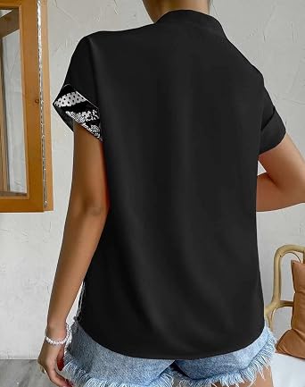 Pantete Womens Patchwork Button Down Shirt V Neck Short Sleeve Striped Blouse Tops