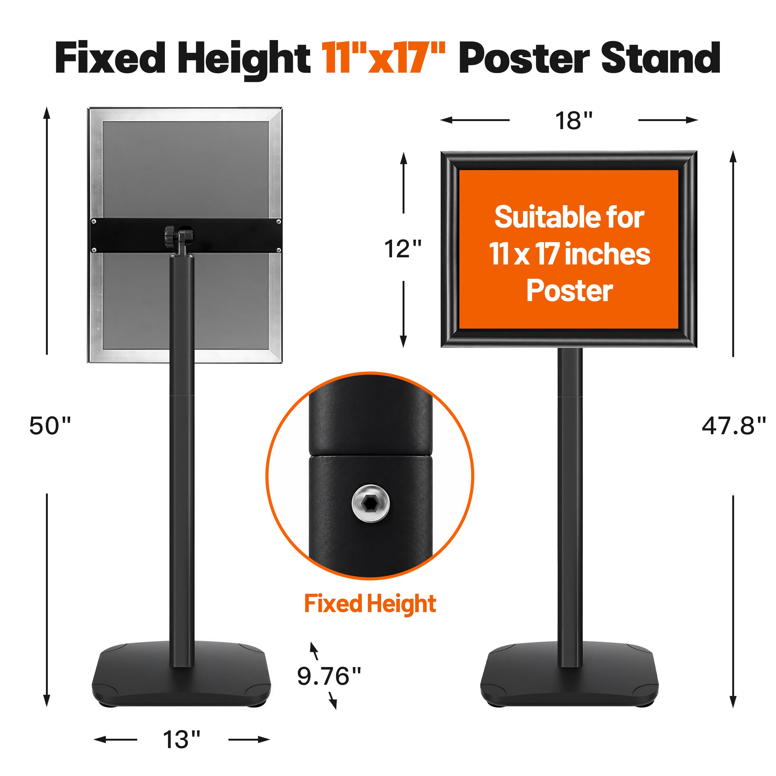 Supporto resistente per cartelli, 28 x 43 cm, supporto per cartelli da pavimento con base ponderata, supporto verticale e orizzontale per poster/menù per pubblicità in interni ed esterni, nero
