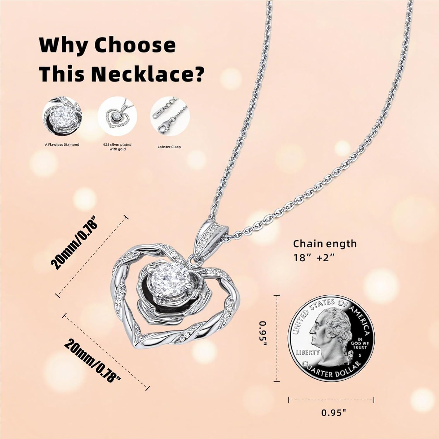 18K Gold Plated over Sterling Silver Rose Heart Necklace Birthday Gifts for Women-Adjustable Chain Jewelry gift for her, Girlfriend, Wife, Mom on Birthday, Anniversary - Image 5