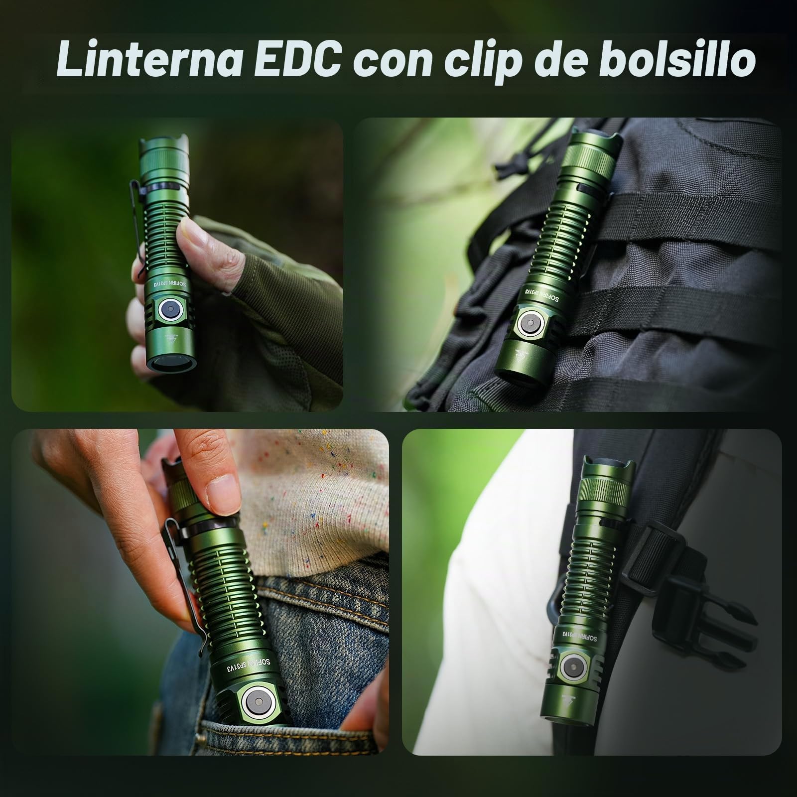 Sofirn SP31 V3.0 Verde - Linterna táctica 1200 lúmenes, 5000 K, recargable, con 8 modos de luz, luz EDC IPX8, con batería recargable, para camping, senderismo,