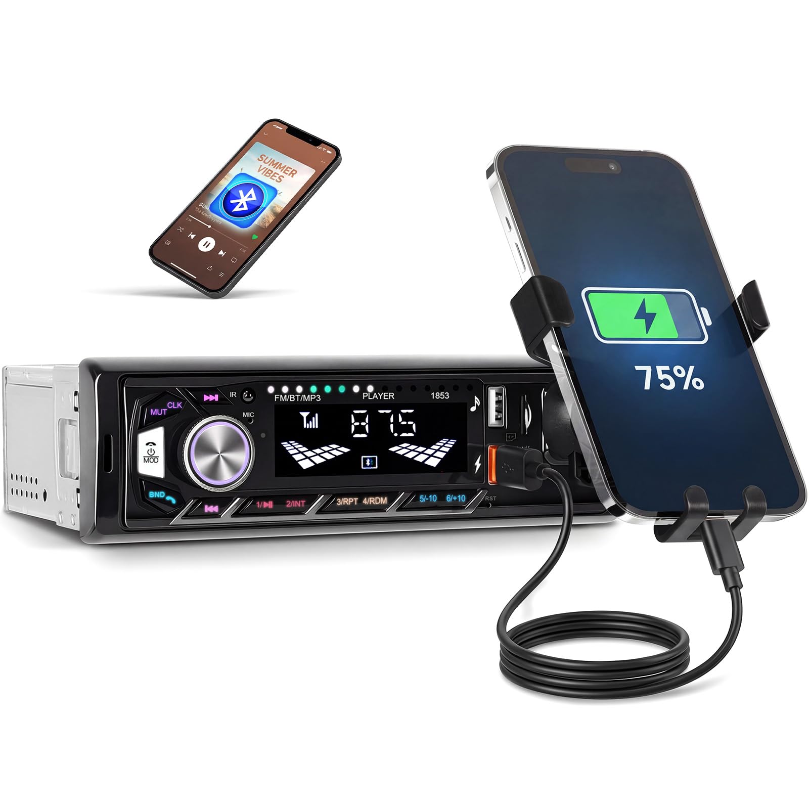 OiLiehu Radio para Coche 1 DIN con Kit Manos Libres Bluetooth, Radio 1Din con FM Radio, Reproductor MP3 con Entrada AUX/Reproducción USB/Carga/Ranura para Tarjeta TF