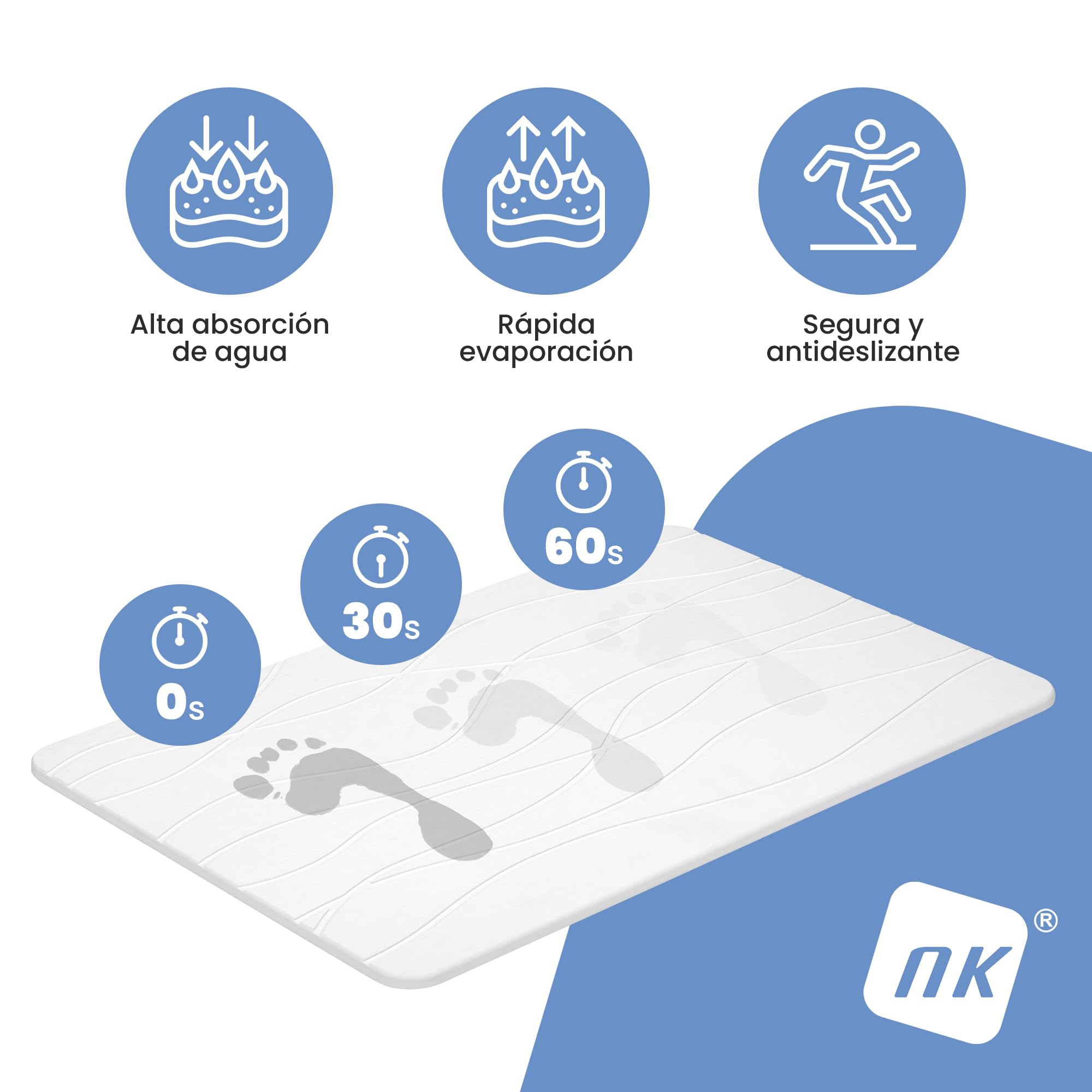NK Alfombra Diatomita Baño 60 x 40 cm - Alfombrilla de Piedra Super Absorbente, Secado Rápido y Antideslizante para Ducha, Stone Bath Mat (Blanco)