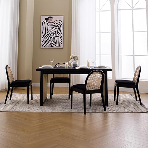 Miniatura 8 de DUOMAY Mid-Century - Juego de 2 sillas de comedor de ratán modernas, sillas de comedor de madera con respaldo de caña y asiento acolchado, silla de