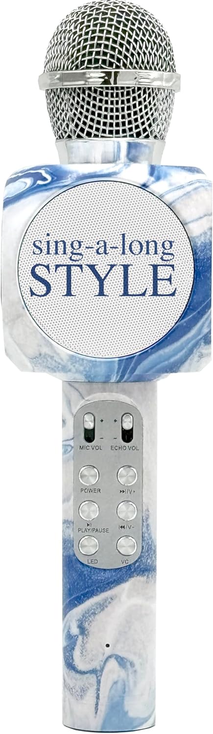 Front view of the Sing-Along Bluetooth Karaoke Microphone in Swirl Blue, showing the microphone head, speaker grille, and control panel.