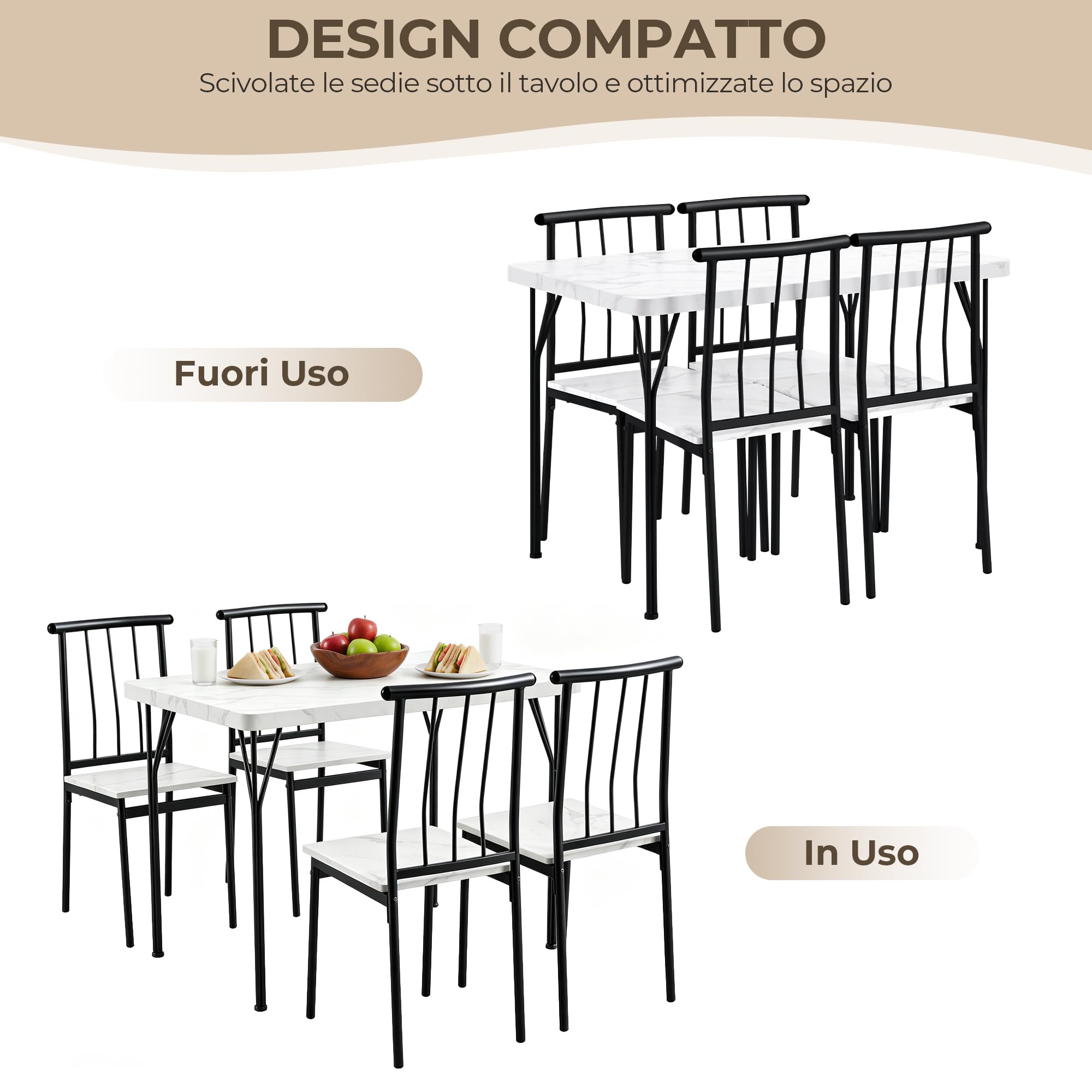 Yaheetech Tavolo da Pranzo con 4 Sedie Industriale Set 5 Pezzi Mobili da Bar Cucina Soggiorno Retro Salvaspazio in Legno e Metallo Marrone Tavolo 110x70x76.5cm Piano Spesso 4cm Bianco/Nero