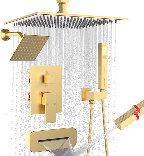 Vista 97 de Enga Sistema de ducha con chorros corporales de 12 pulgadas, ducha de lluvia montada en la pared y pulverizadores de mano de latón de cuerpo