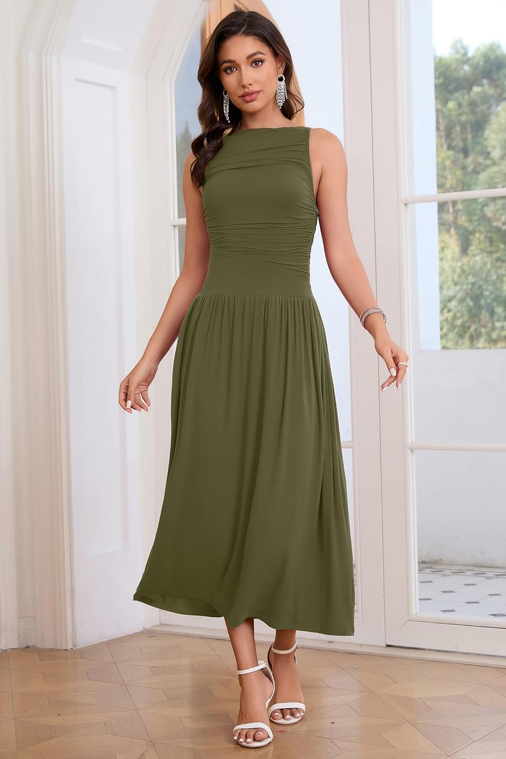 2026 Summer Formal Dresses for Women Casual Ruched Maxi Dress Sleeveless Drop Waist Boat Neck Long Flowy Sundress - Image 6