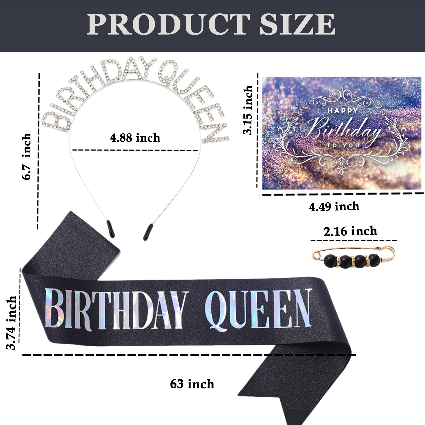 Birthday Queen Sash,Happy Birthday Decorations for Women Black With Iridescent Foil Sash & Rhinestone Crown Tiara Headband & Pearl Pin & Card for 18th 21st 30th or Any Other Party