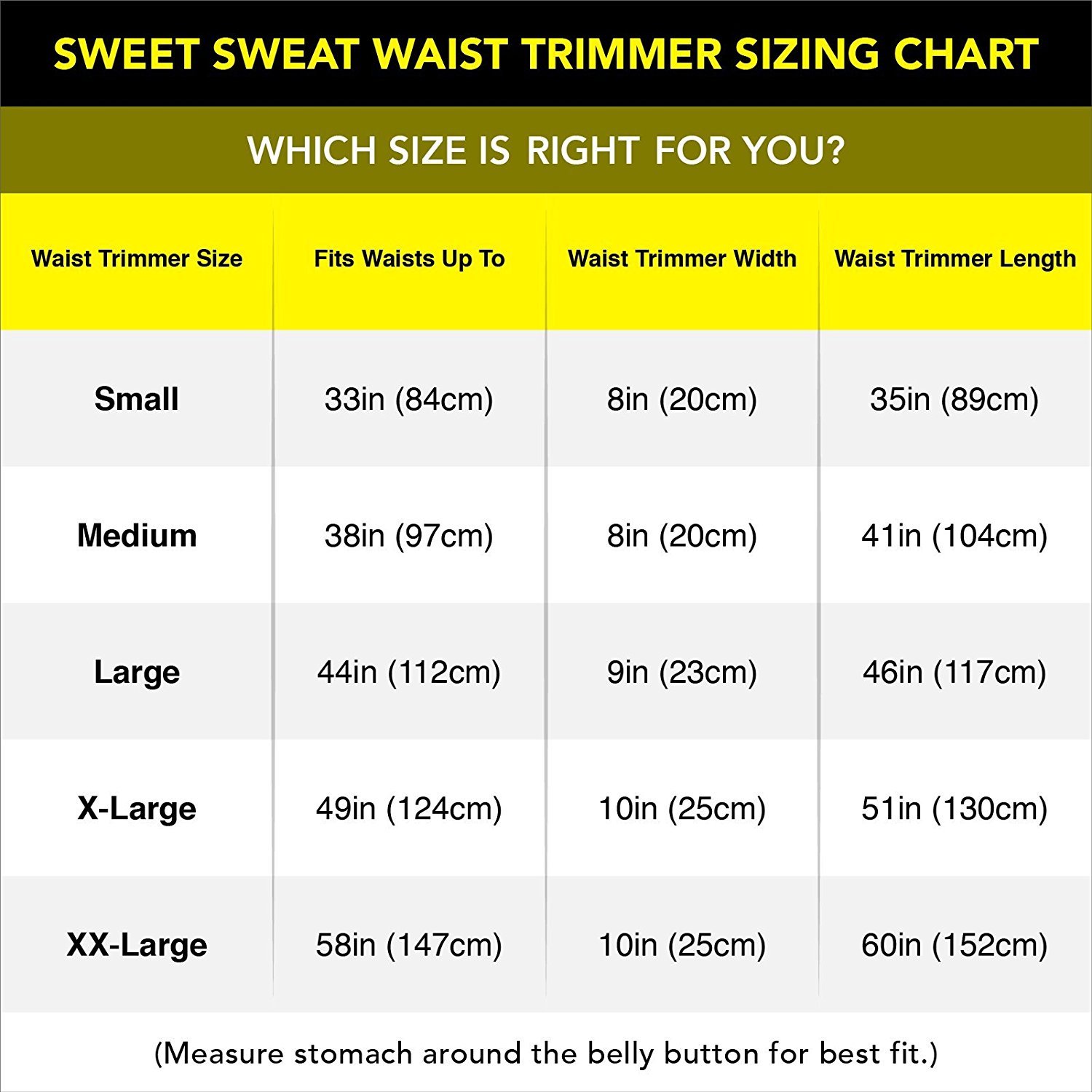 Belly Sweet Sweat Size Guide Sweet Sweat® Waist Trimmer