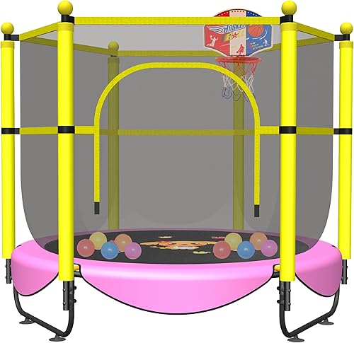 VGMiu Trampolín de 60 pulgadas para niños, trampolín pequeño de 5 pies para interiores y exteriores con aro de baloncesto, recinto de seguridad,