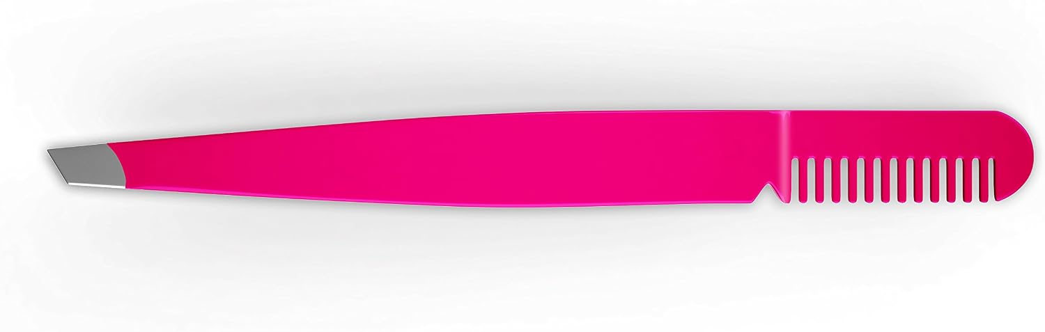 Eyebrow Tweezer with Comb - Slant Tip, Bright Pink - BOGO SALE Offer - Details Below.