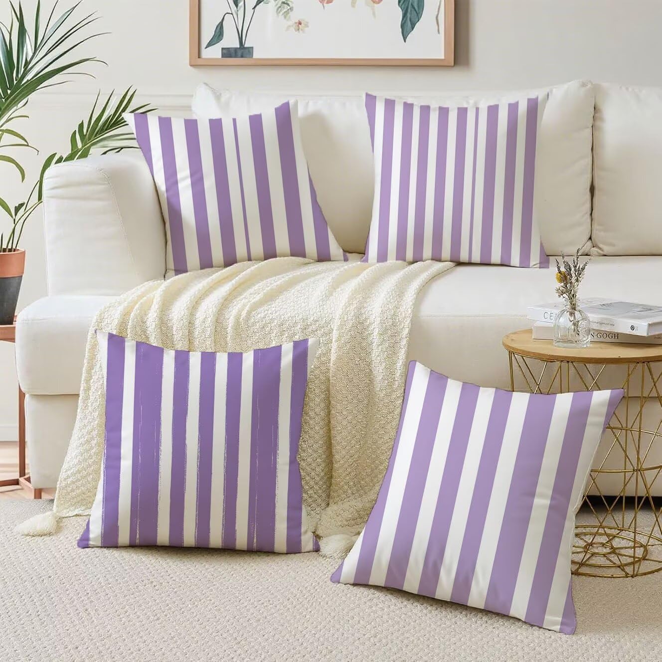 strisce Cuscini da Esterno 50x50 Set da 4 Federe Cuscini Divano Violetta Copricuscini Lino Copri Cuscino Divano, Impermeabili Copricuscino, Quadrato Cuscino Decorativo, Moderna Decorazione Casa t-809